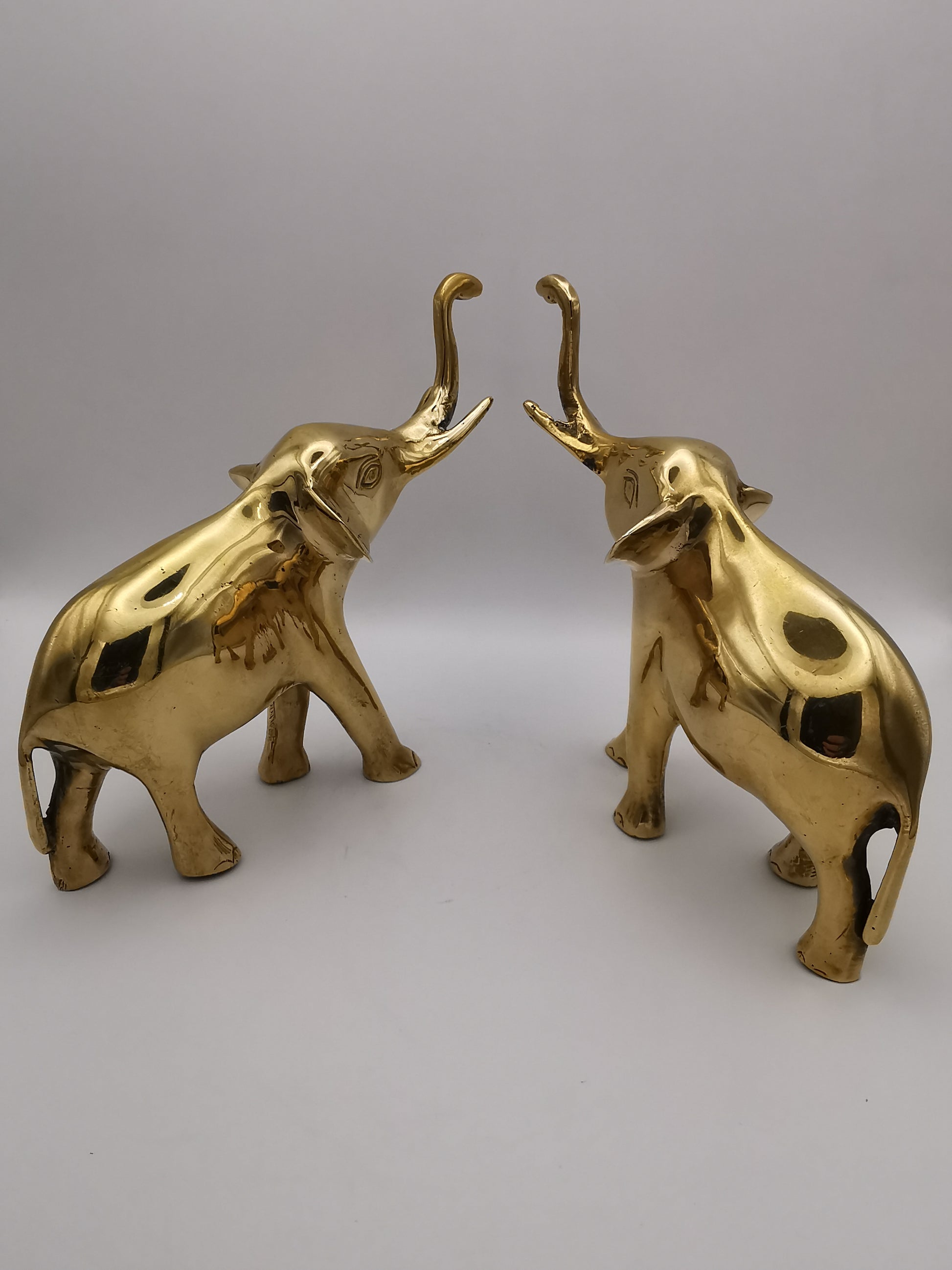 Vintage Solid Brass Elephant Figurines - Pair of Trunk-Up Good Luck Statues