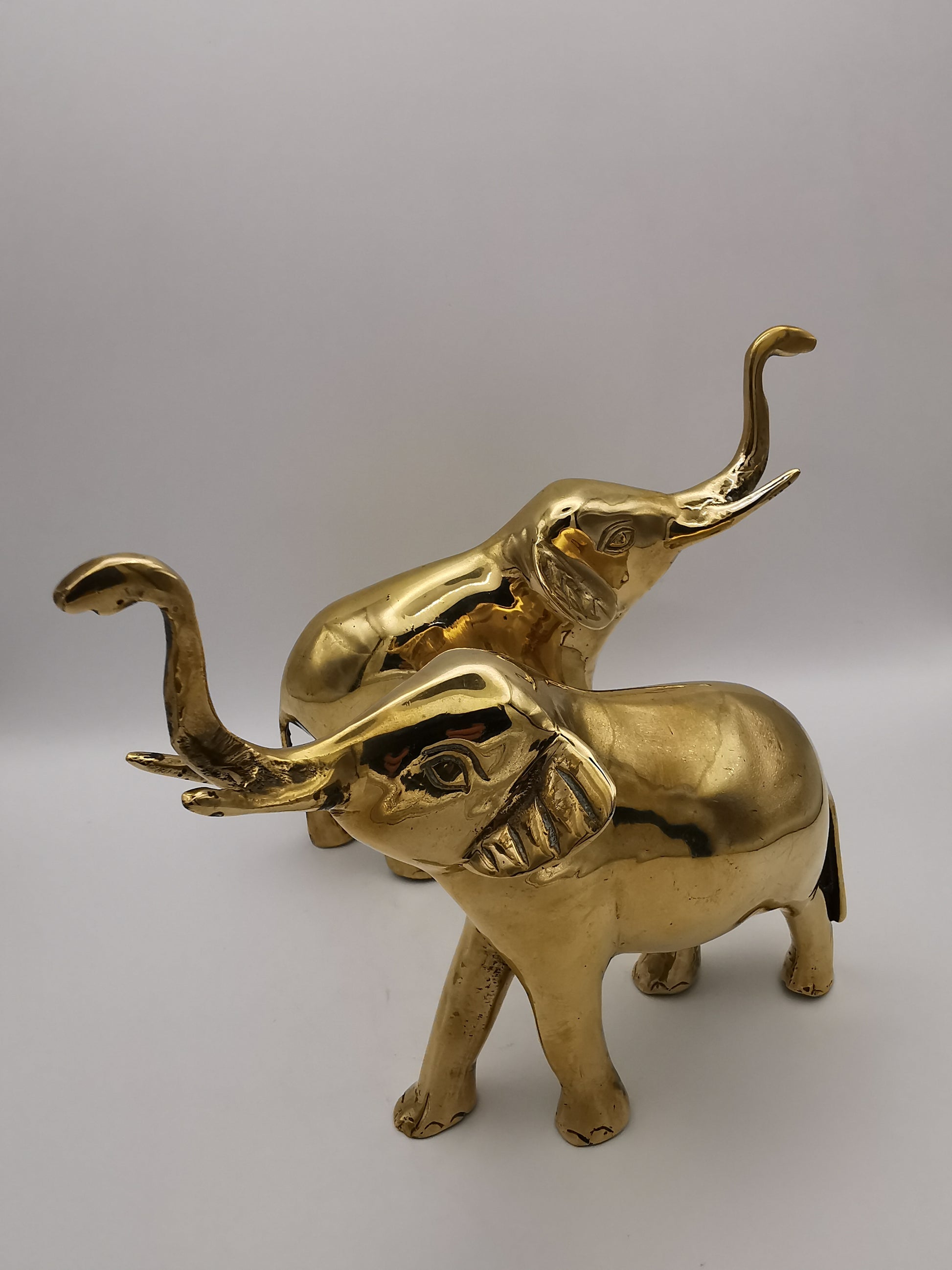 Vintage Solid Brass Elephant Figurines - Pair of Trunk-Up Good Luck Statues