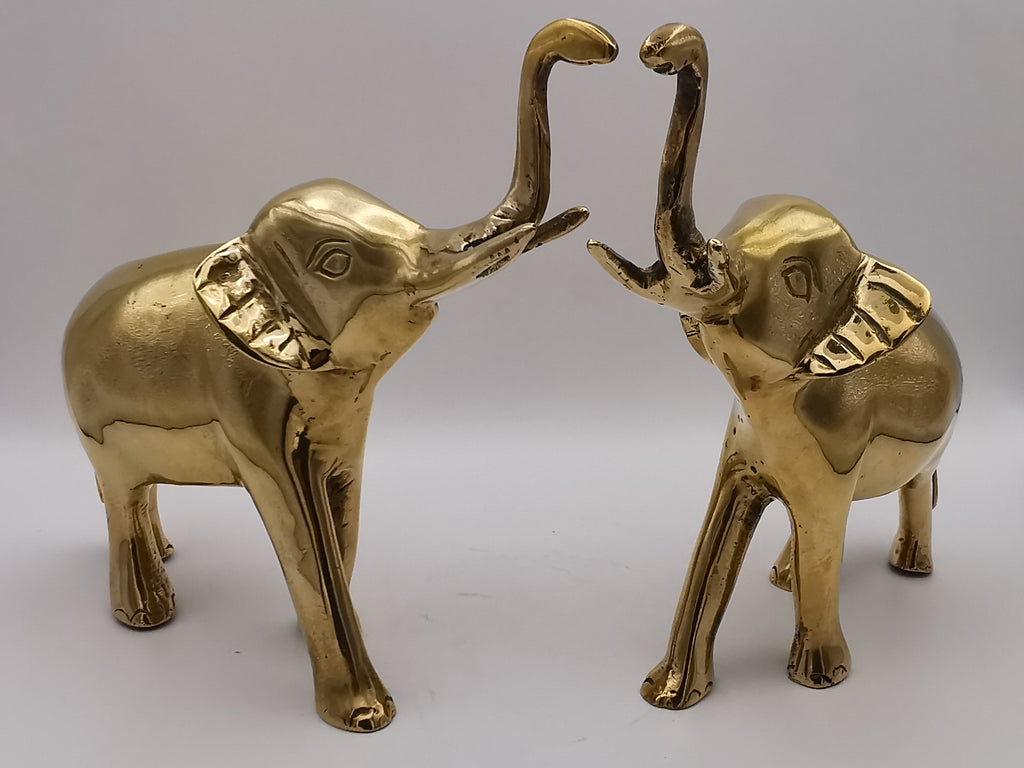 Vintage Solid Brass Elephant Figurines - Pair of Trunk-Up Good Luck Statues