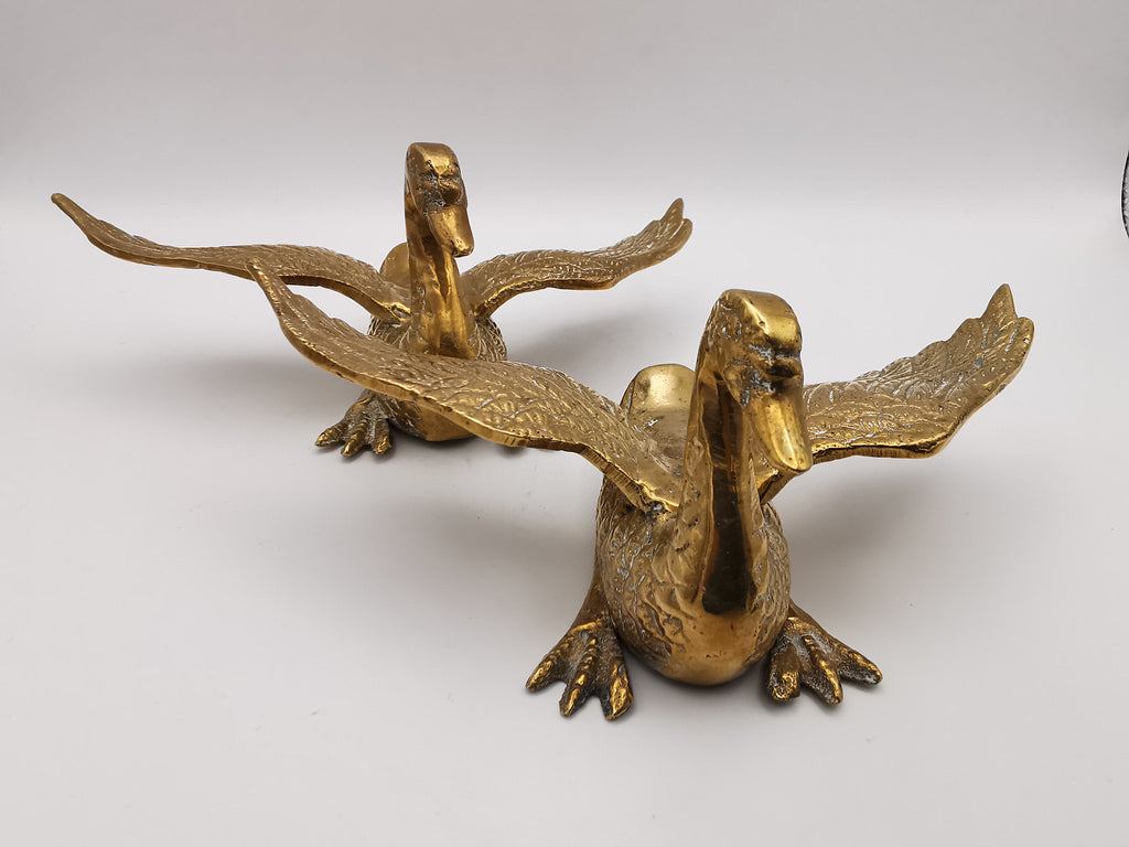 Pair of Vintage Brass Flying /Spread Wings Birds Ornaments,  Geese Swans Figurines