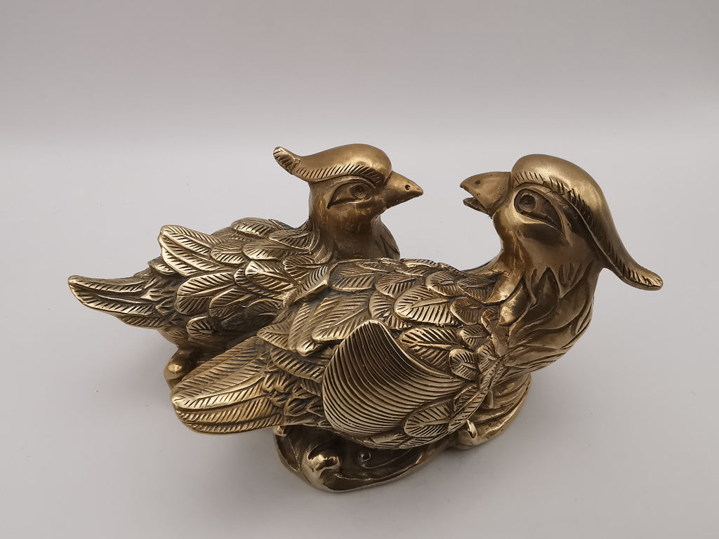 Vintage Solid Brass Mandarin Ducks Figurine - Feng Shui Chinese Love Birds Statue
