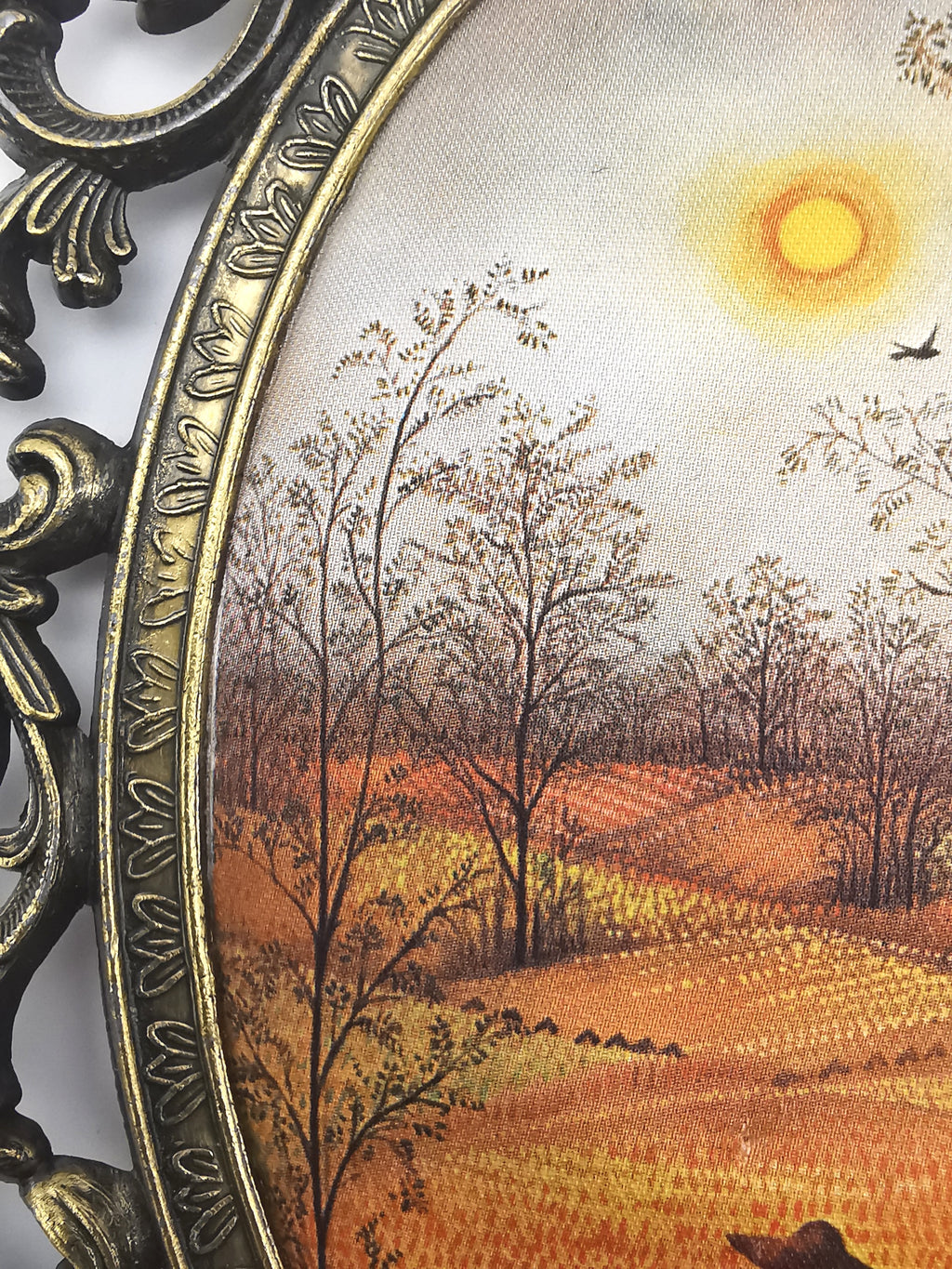Vintage Italian Silk Print "Harvest" Art in Ornate Brass Oval Frame, Four Seasons Part -Autumn
