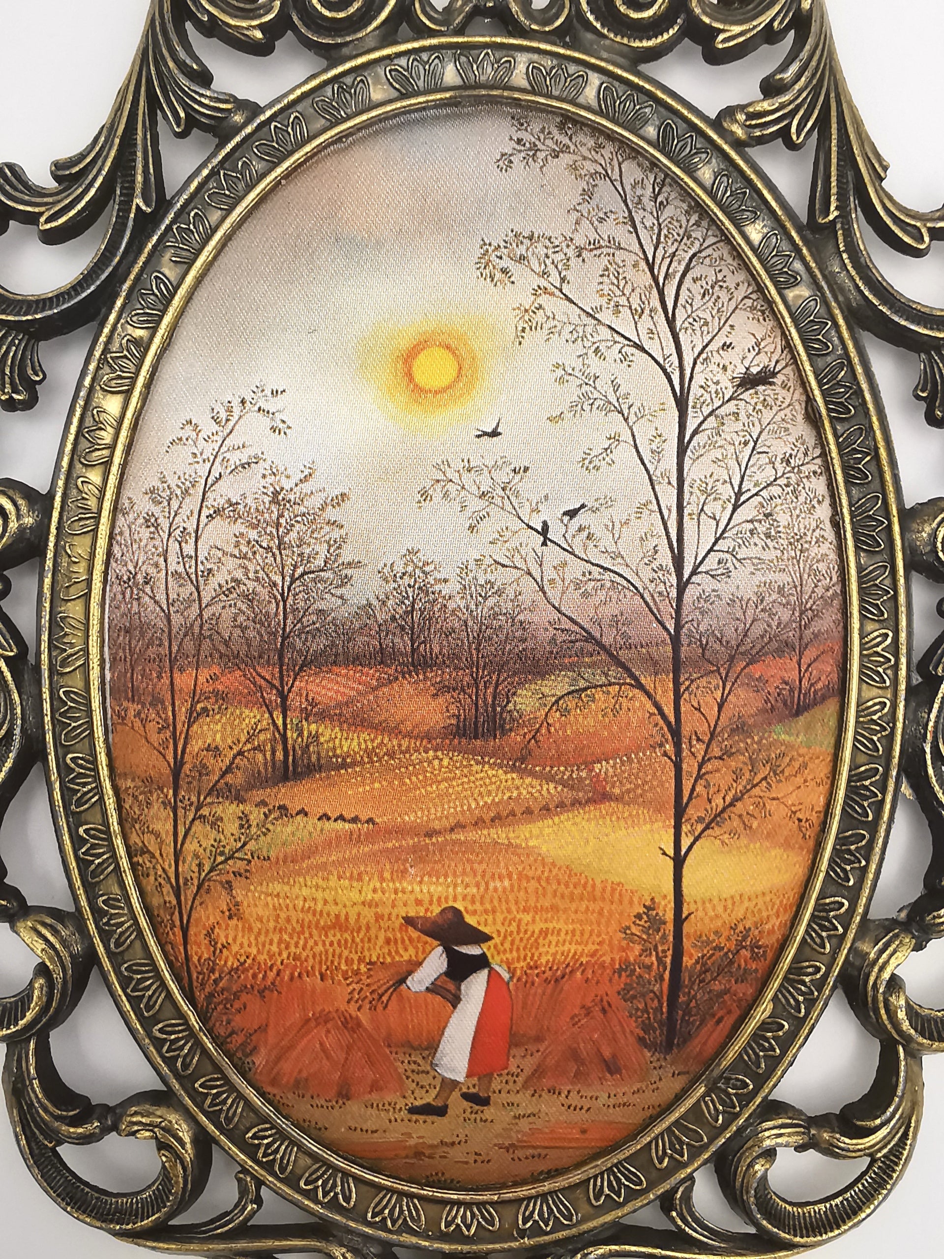 Vintage Italian Silk Print "Harvest" Art in Ornate Brass Oval Frame, Four Seasons Part -Autumn
