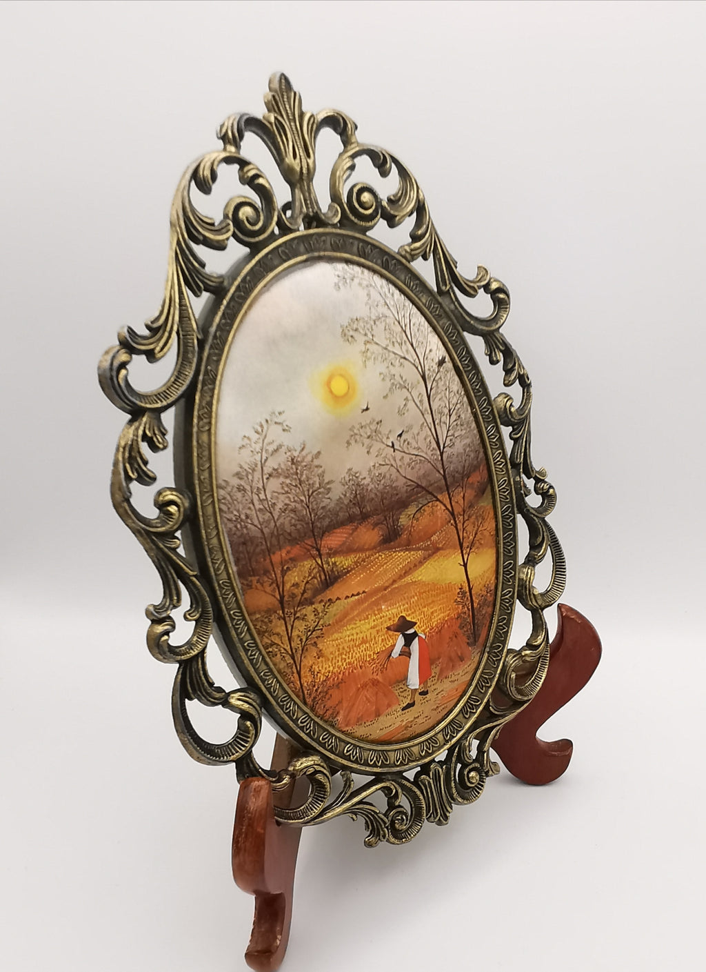 Vintage Italian Silk Print "Harvest" Art in Ornate Brass Oval Frame, Four Seasons Part -Autumn