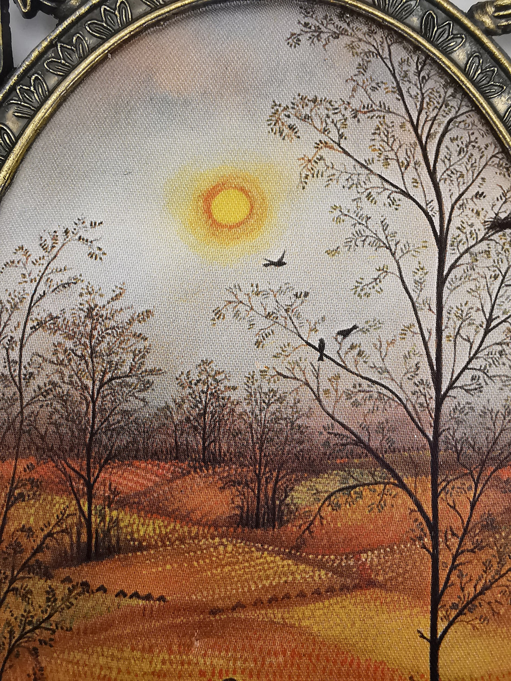 Vintage Italian Silk Print "Harvest" Art in Ornate Brass Oval Frame, Four Seasons Part -Autumn