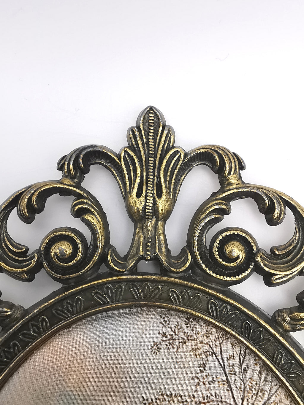 Vintage Italian Silk Print "Harvest" Art in Ornate Brass Oval Frame, Four Seasons Part -Autumn