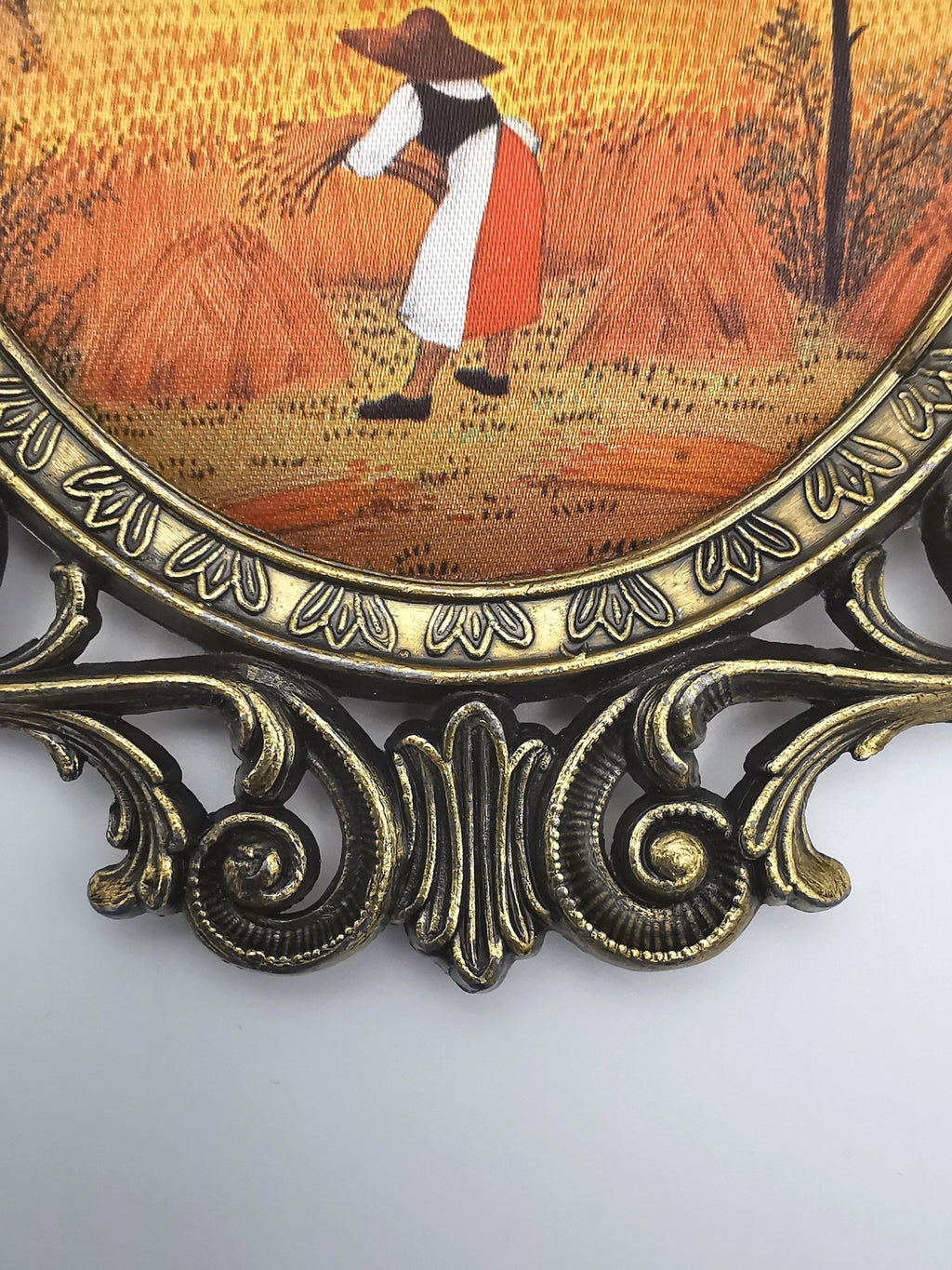 Vintage Italian Silk Print "Harvest" Art in Ornate Brass Oval Frame, Four Seasons Part -Autumn