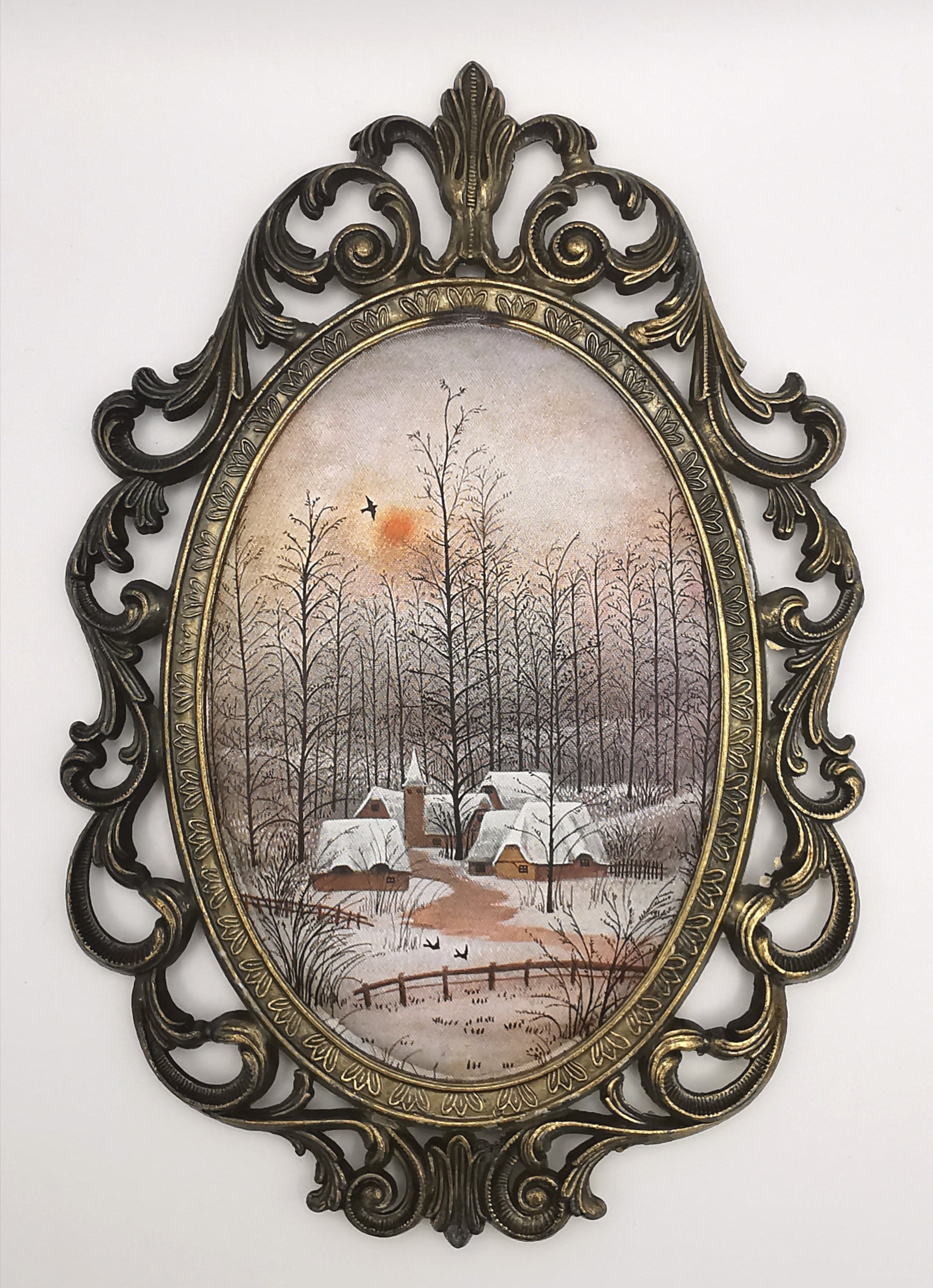 Vintage Italian Silk Print Art in Ornate Brass Oval Frame, Four Seasons Part- Winter