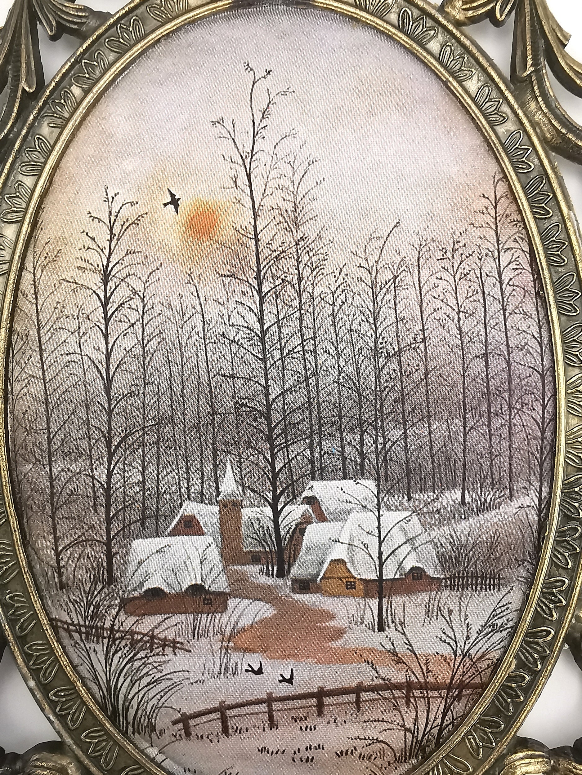 Vintage Italian Silk Print Art in Ornate Brass Oval Frame, Four Seasons Part- Winter
