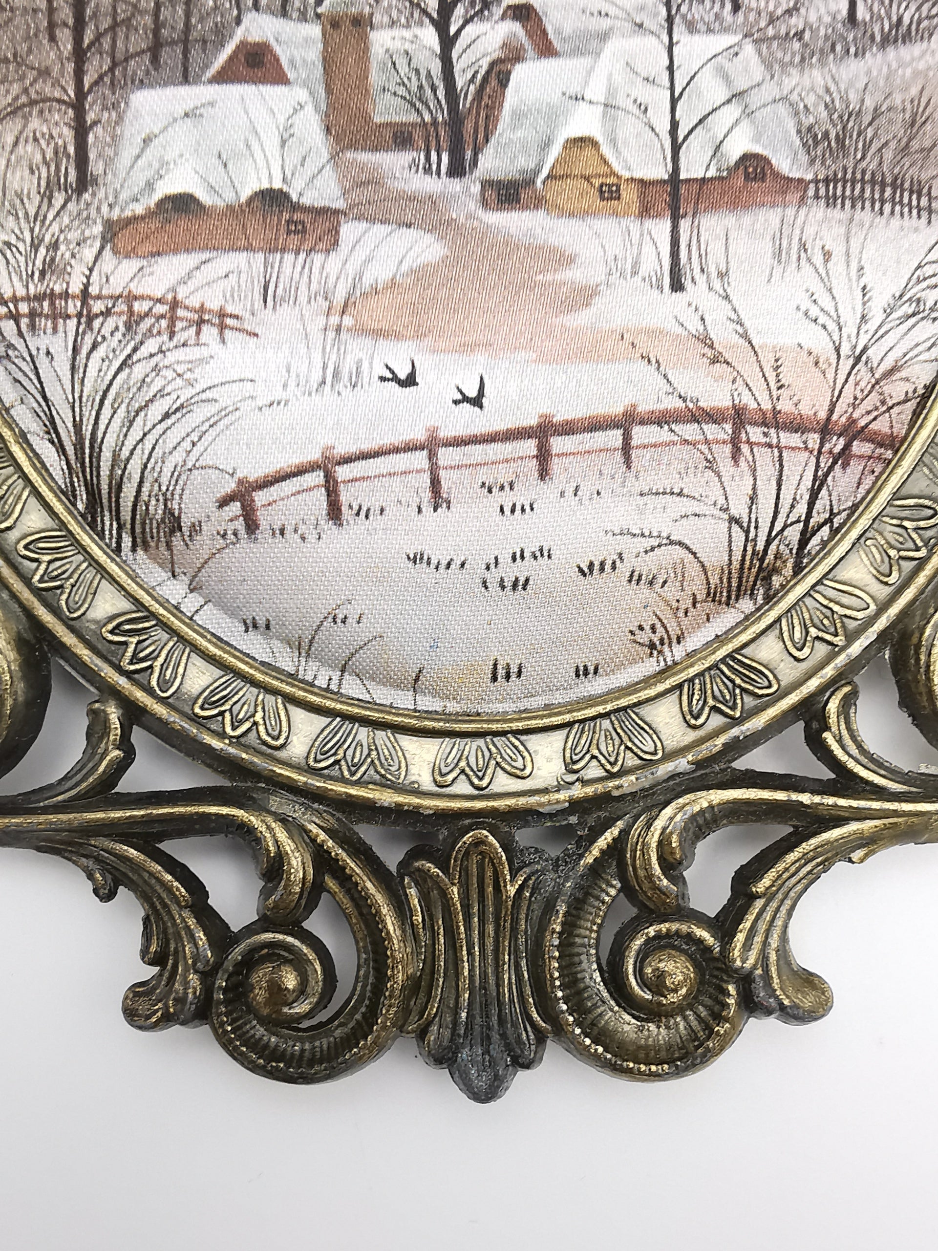 Vintage Italian Silk Print Art in Ornate Brass Oval Frame, Four Seasons Part- Winter