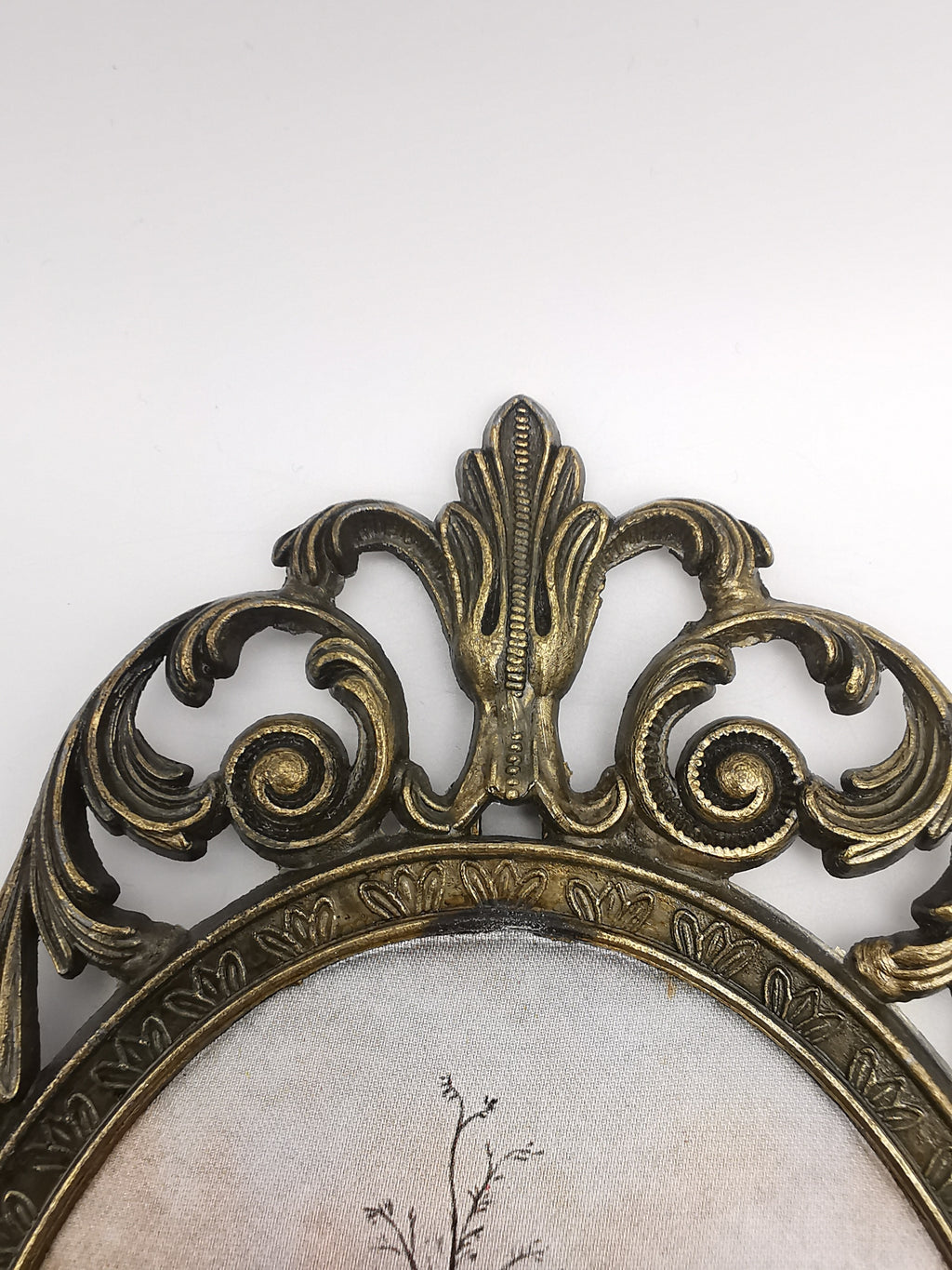 Vintage Italian Silk Print Art in Ornate Brass Oval Frame, Four Seasons Part- Winter