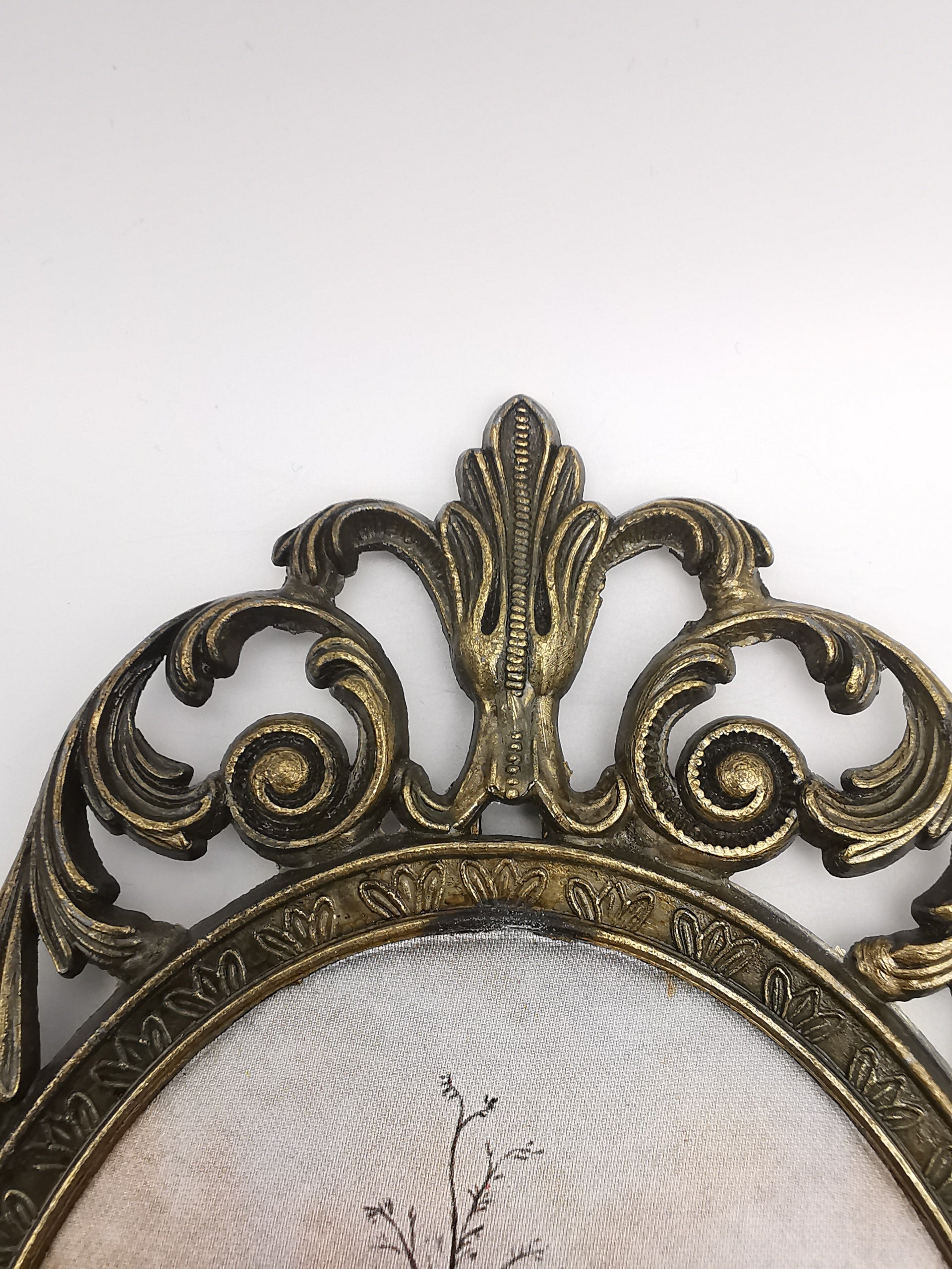 Vintage Italian Silk Print Art in Ornate Brass Oval Frame, Four Seasons Part- Winter