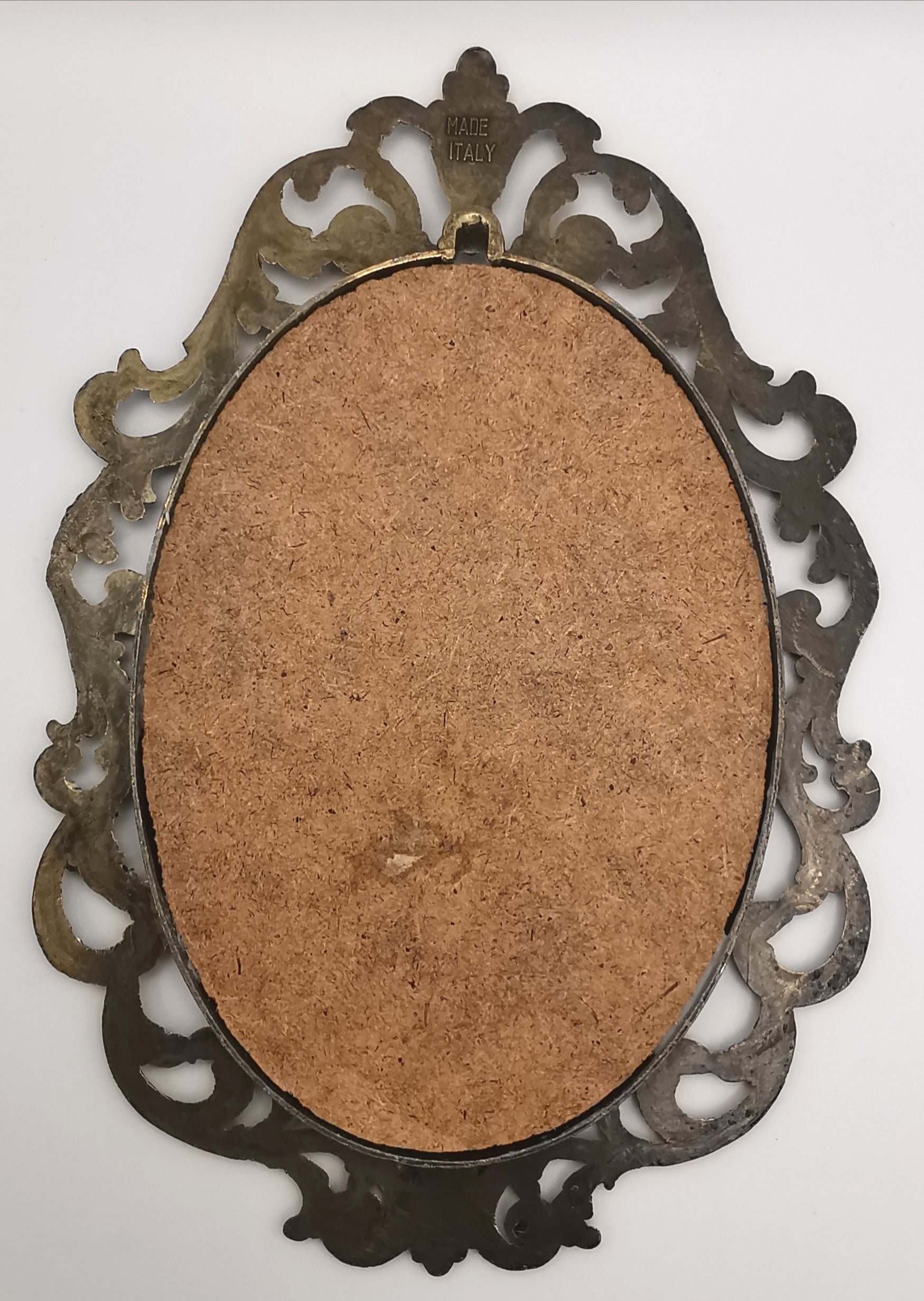 Vintage Italian Silk Print Art in Ornate Brass Oval Frame, Four Seasons Part- Winter