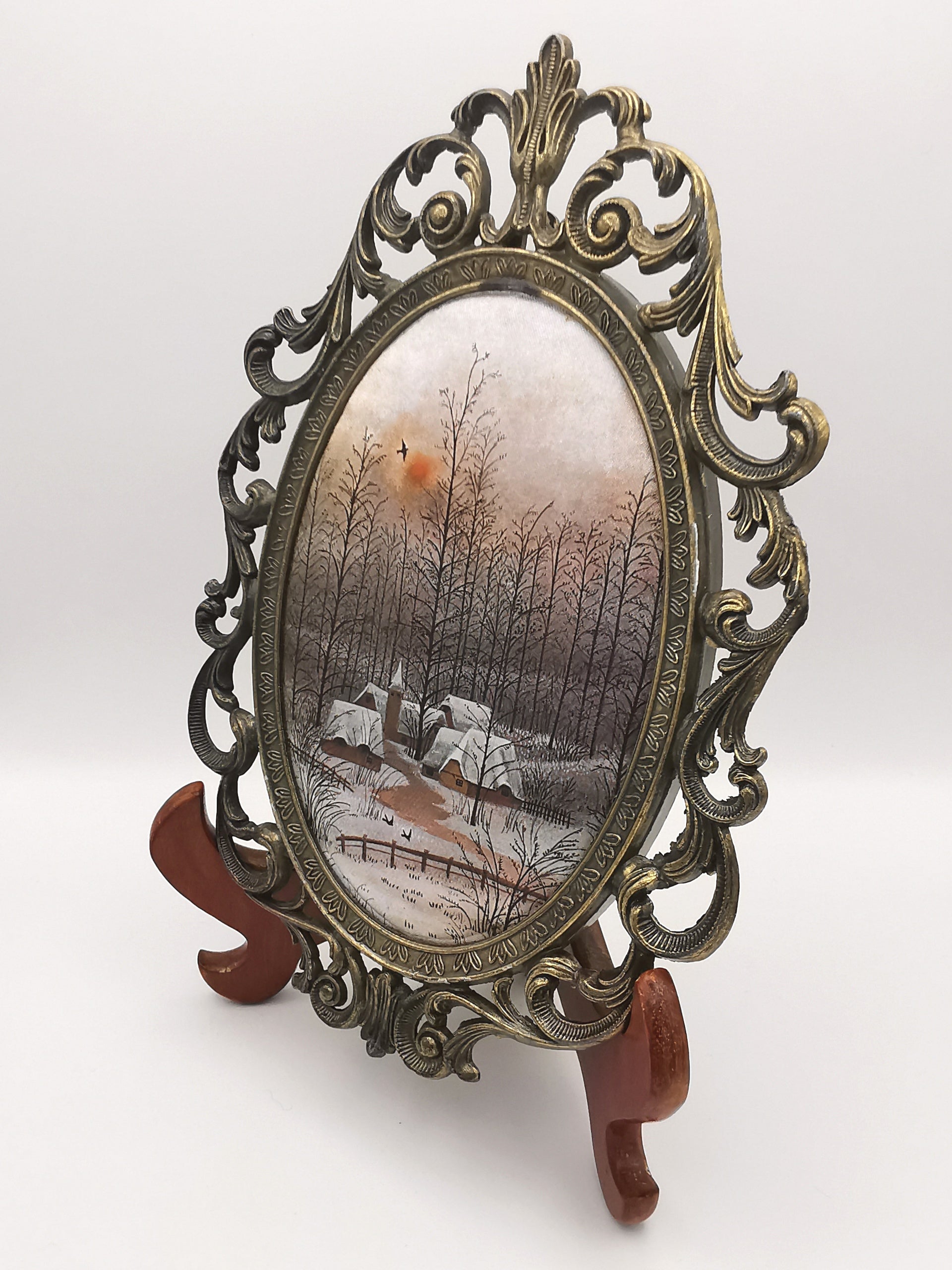 Vintage Italian Silk Print Art in Ornate Brass Oval Frame, Four Seasons Part- Winter