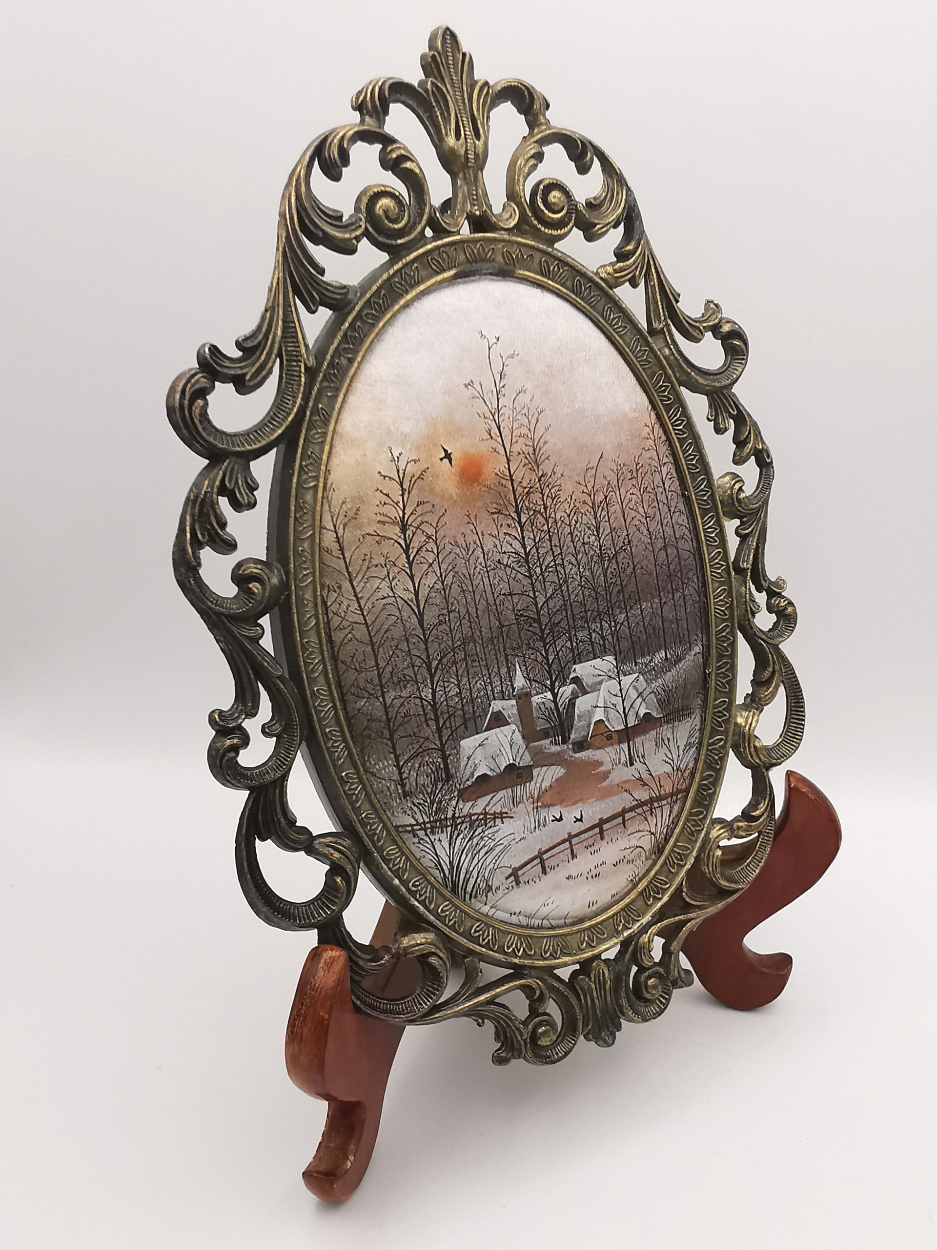 Vintage Italian Silk Print Art in Ornate Brass Oval Frame, Four Seasons Part- Winter