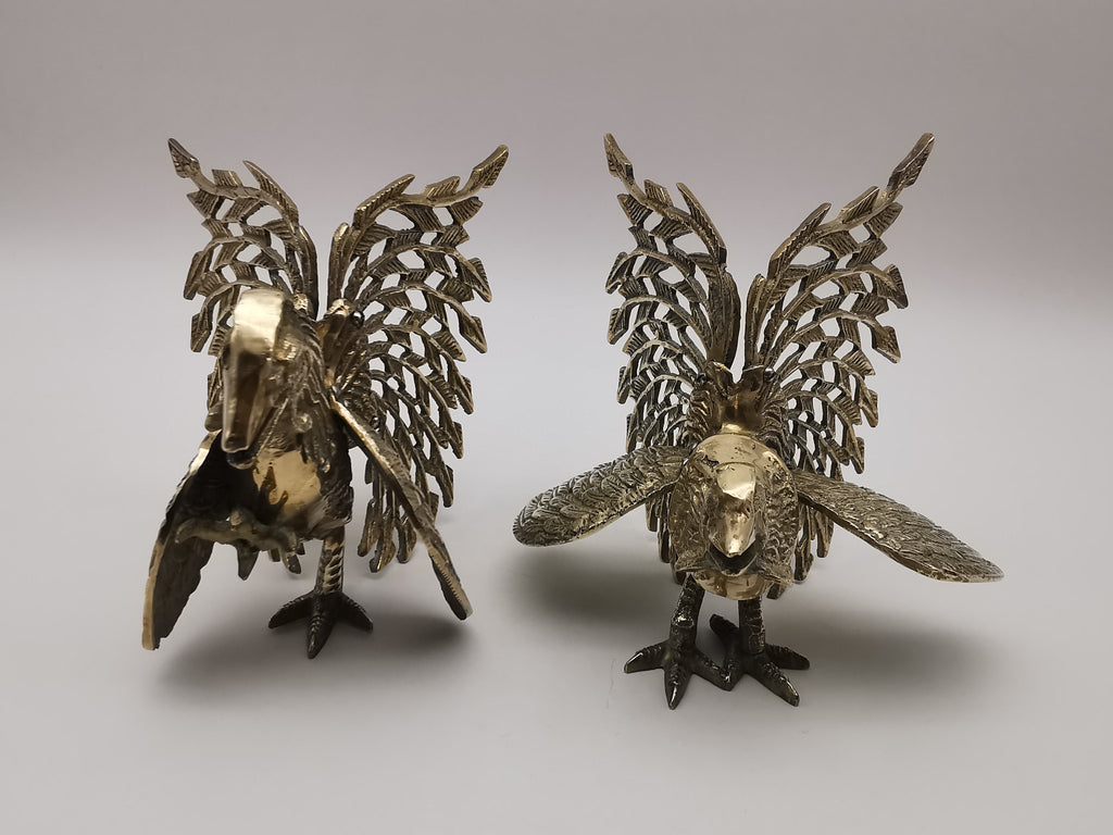 Vintage Brass Fighting Roosters Pair - Mid-Century Modern Ornate Cockerel Figurines