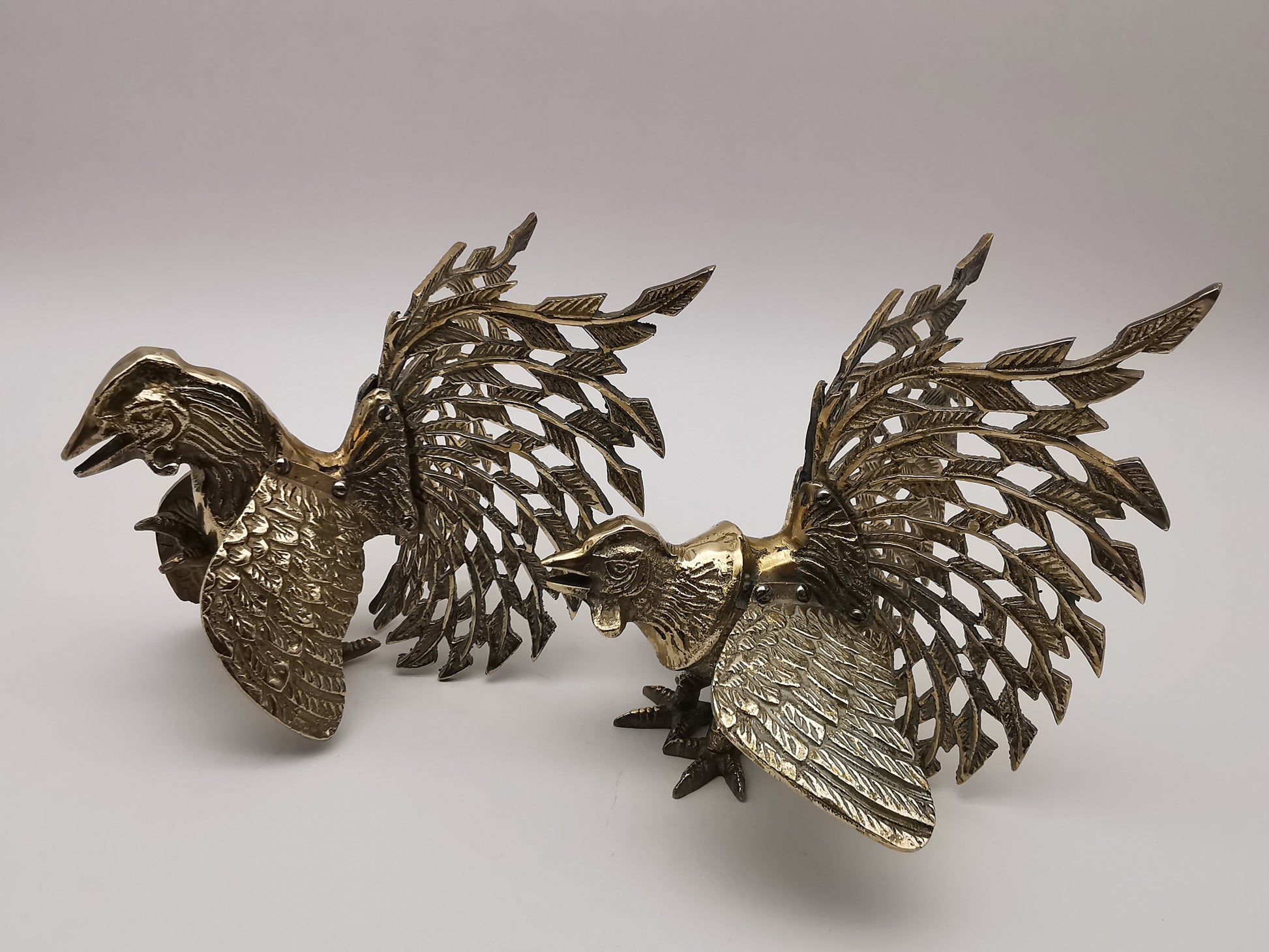 Vintage Brass Fighting Roosters Pair - Mid-Century Modern Ornate Cockerel Figurines