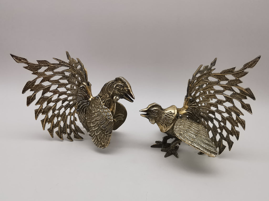 Vintage Brass Fighting Roosters Pair - Mid-Century Modern Ornate Cockerel Figurines