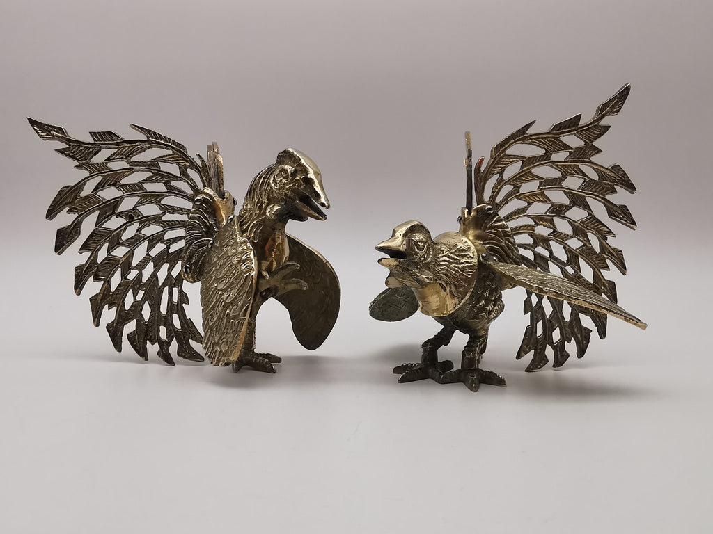 Vintage Brass Fighting Roosters Pair - Mid-Century Modern Ornate Cockerel Figurines