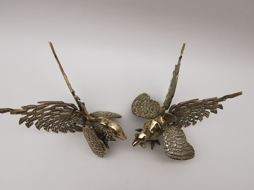 Vintage Brass Fighting Roosters Pair - Mid-Century Modern Ornate Cockerel Figurines