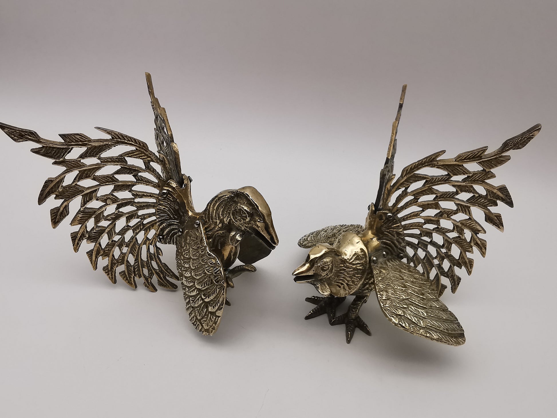 Vintage Brass Fighting Roosters Pair - Mid-Century Modern Ornate Cockerel Figurines