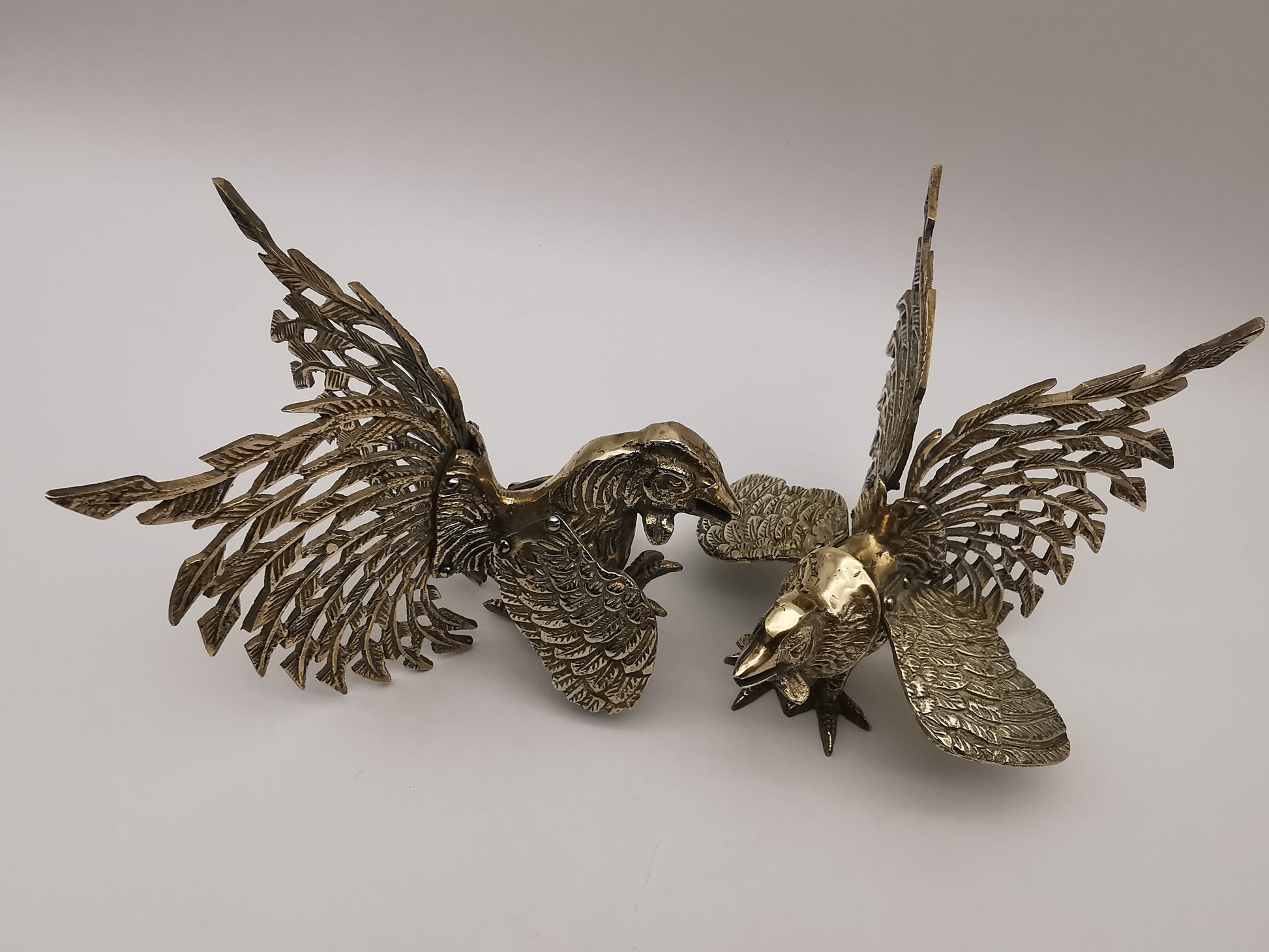 Vintage Brass Fighting Roosters Pair - Mid-Century Modern Ornate Cockerel Figurines