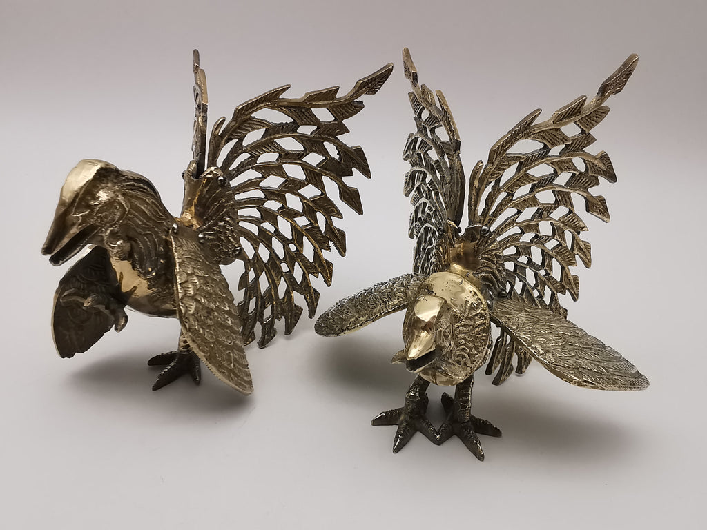 Vintage Brass Fighting Roosters Pair - Mid-Century Modern Ornate Cockerel Figurines