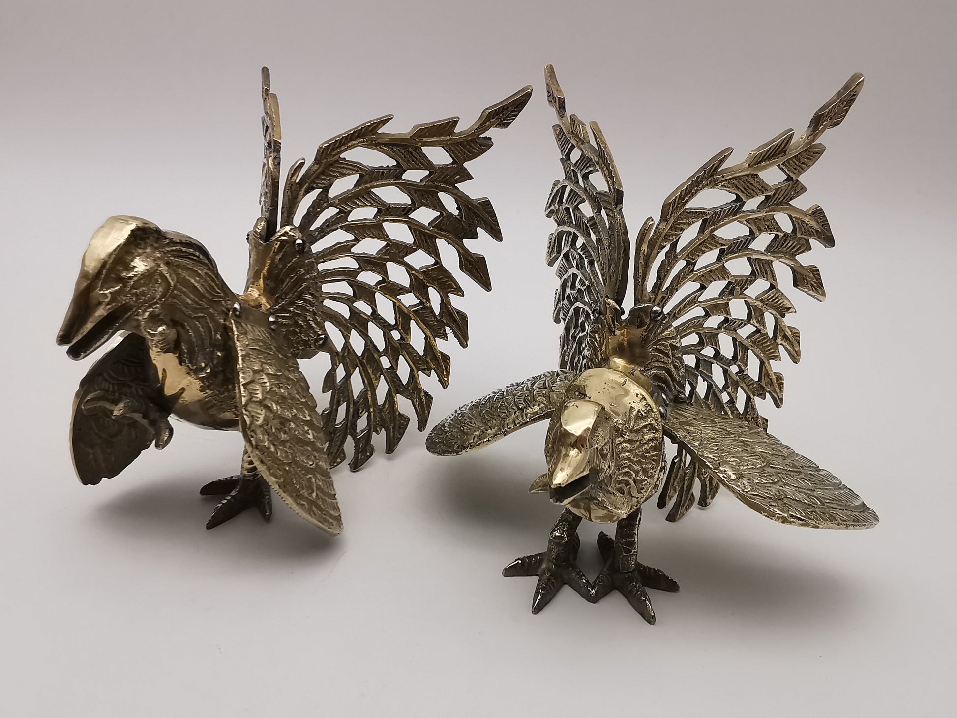 Vintage Brass Fighting Roosters Pair - Mid-Century Modern Ornate Cockerel Figurines