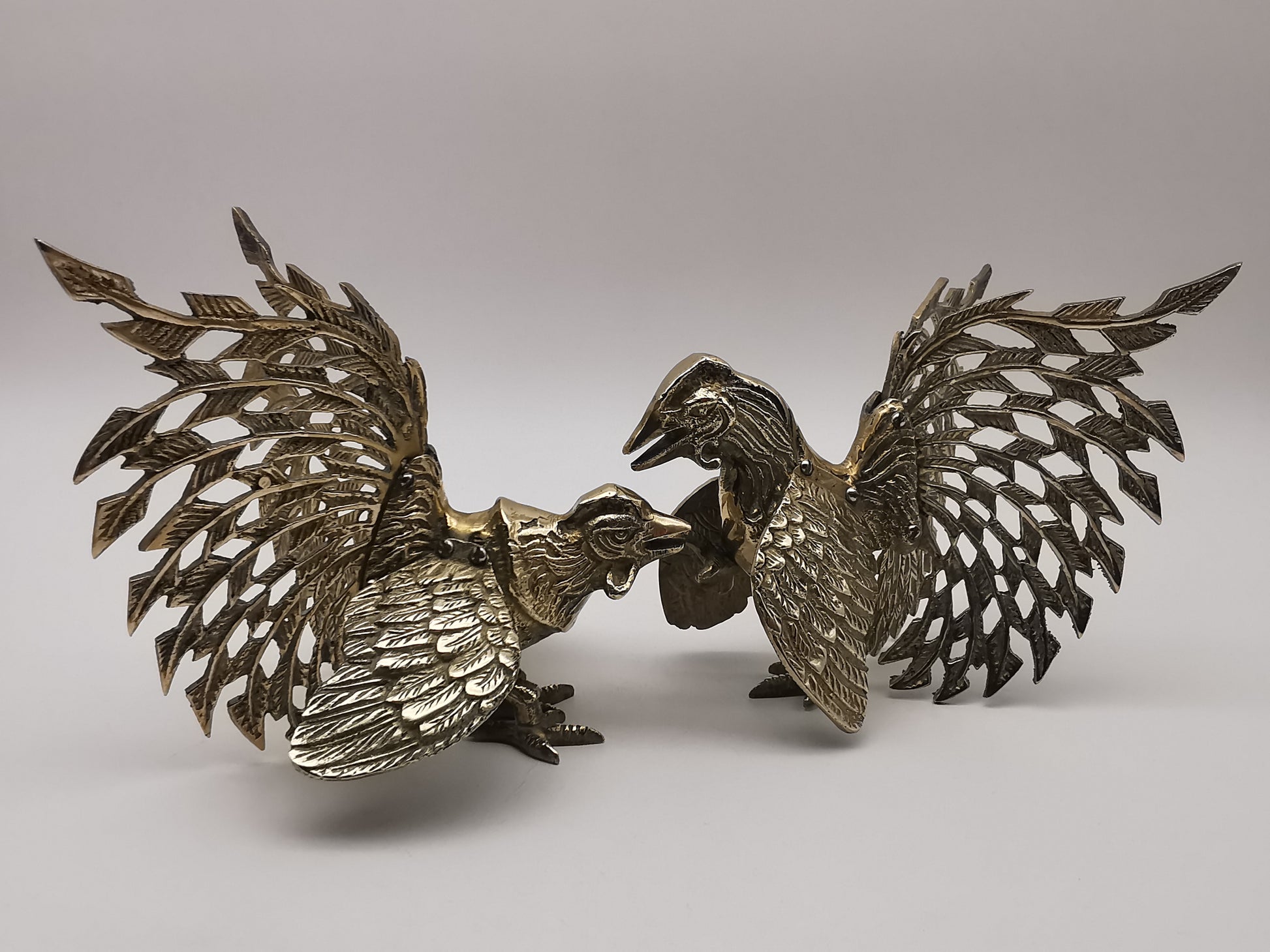 Vintage Brass Fighting Roosters Pair - Mid-Century Modern Ornate Cockerel Figurines