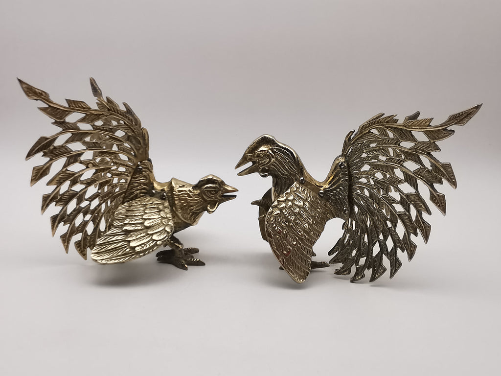 Vintage Brass Fighting Roosters Pair - Mid-Century Modern Ornate Cockerel Figurines