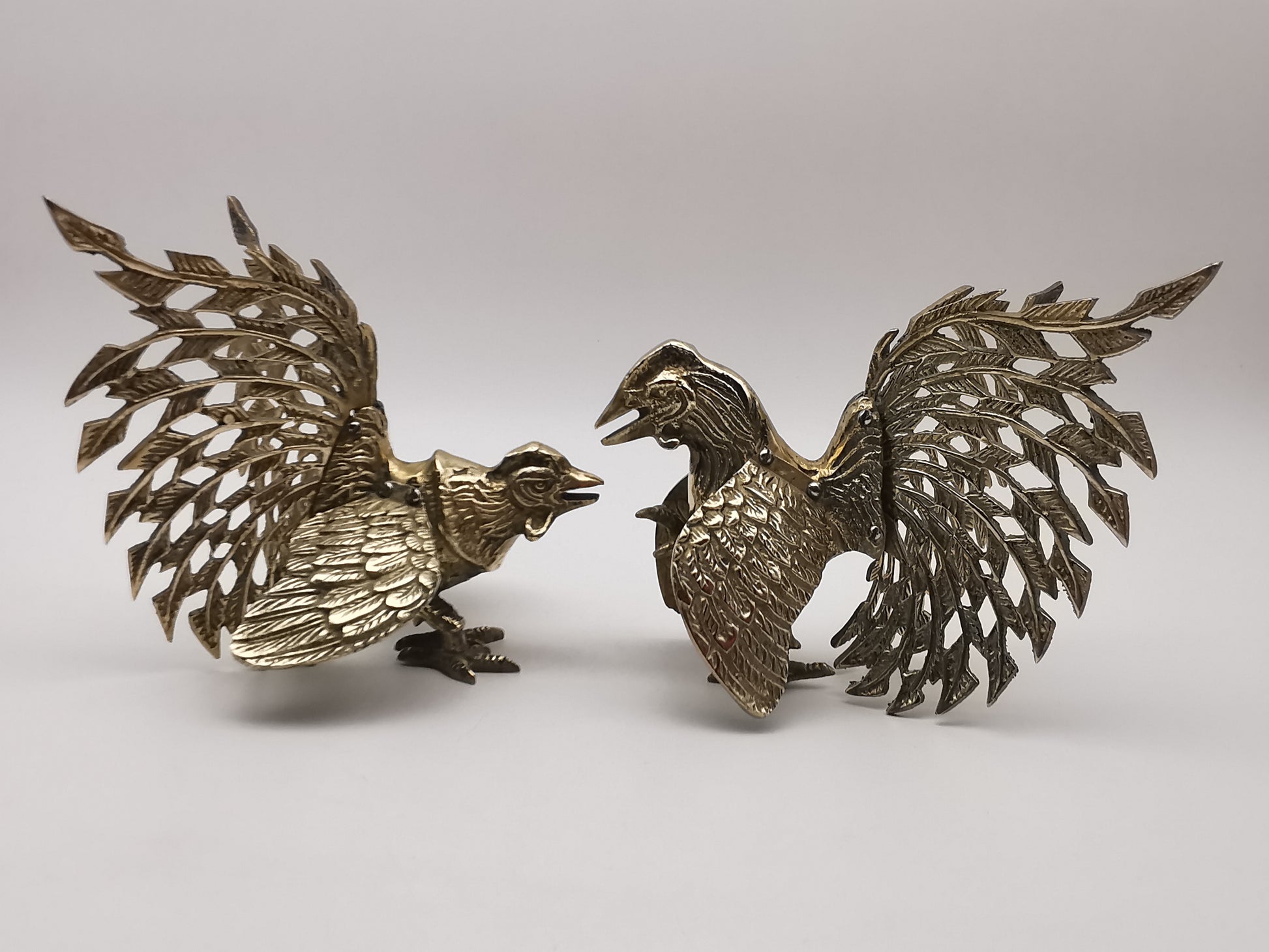 Vintage Brass Fighting Roosters Pair - Mid-Century Modern Ornate Cockerel Figurines