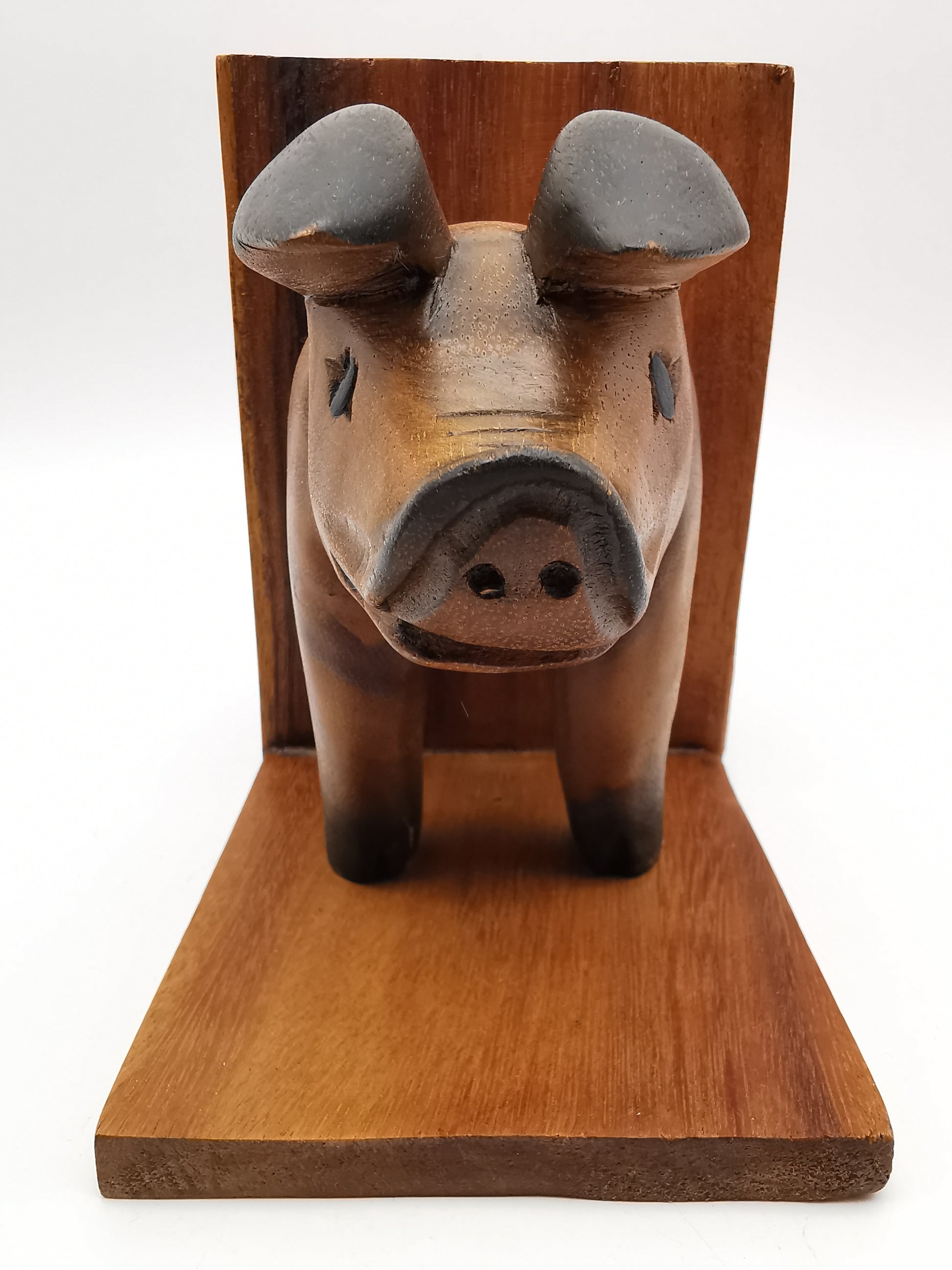 Vintage Hand-Carved Wooden Pig Bookends – Rustic Farmhouse Animal Shelf Decor