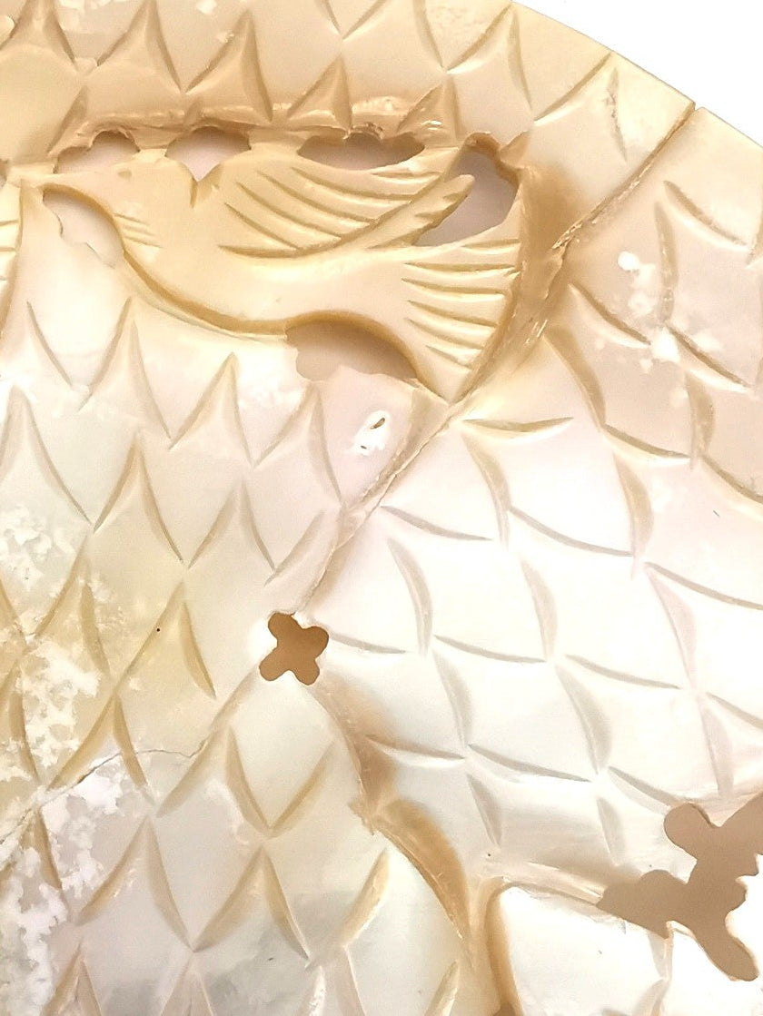 Vintage Balinese Hand-Carved Mother of Pearl Shell – Traditional Dancers, trees and Birds Motif