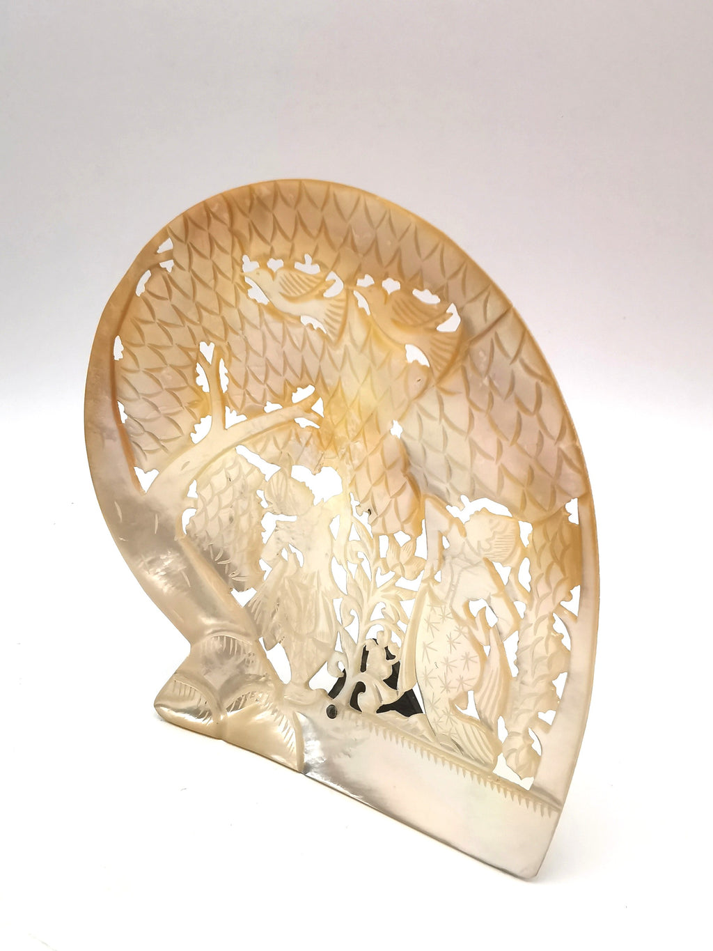 Vintage Balinese Hand-Carved Mother of Pearl Shell – Traditional Dancers, trees and Birds Motif