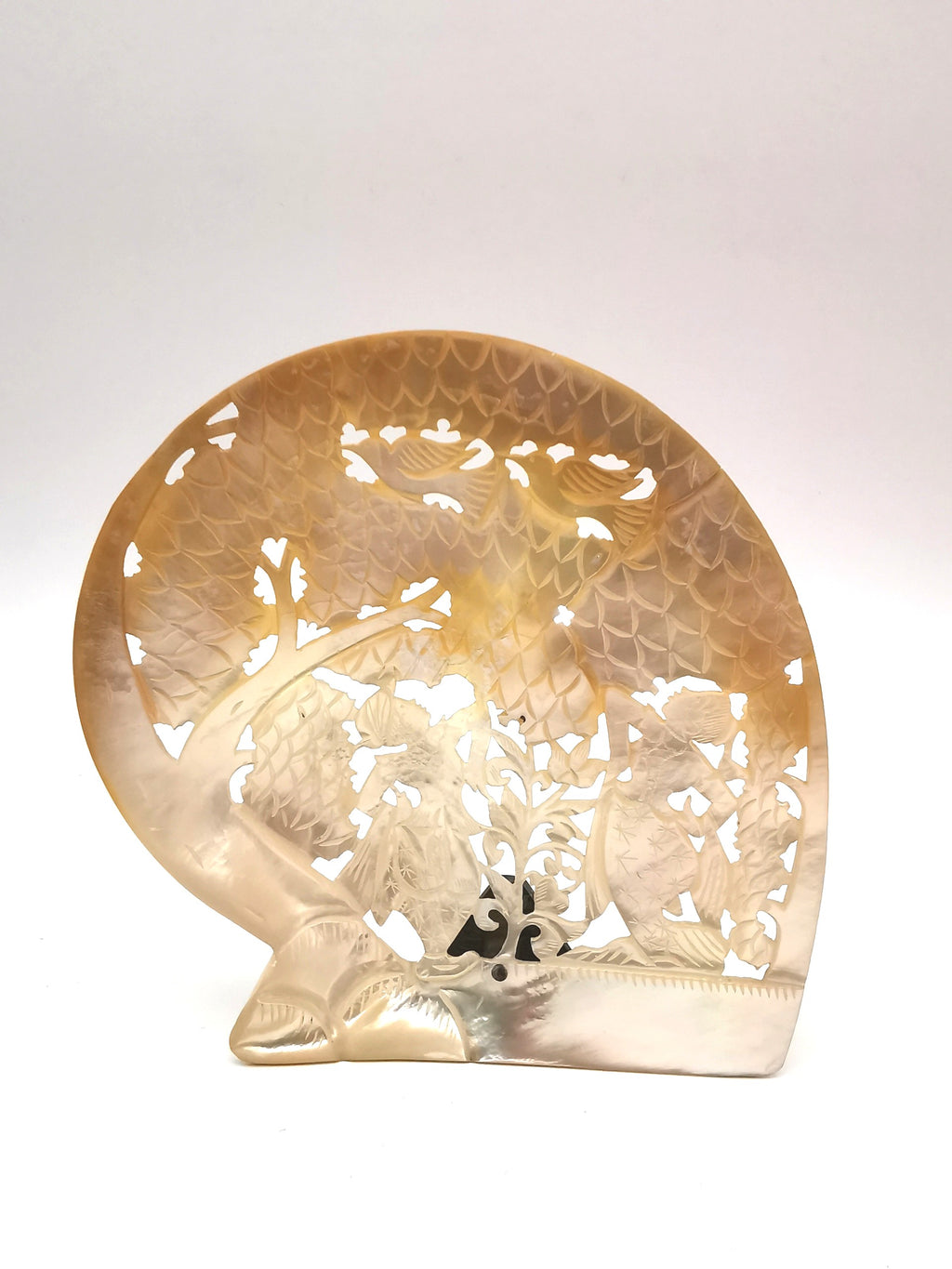 Vintage Balinese Hand-Carved Mother of Pearl Shell – Traditional Dancers, trees and Birds Motif