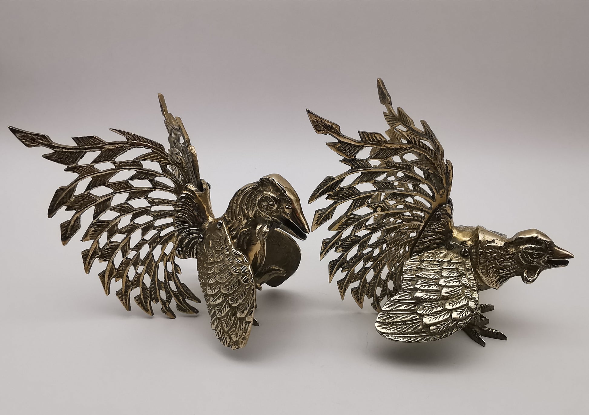 Vintage Brass Fighting Roosters Pair - Mid-Century Modern Ornate Cockerel Figurines