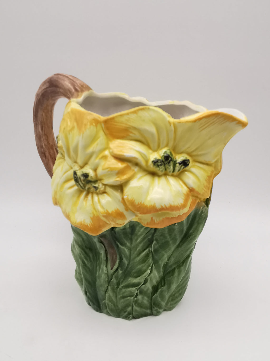 Italian Bassano Majolica 3D Yellow Floral Pitcher, handpainted