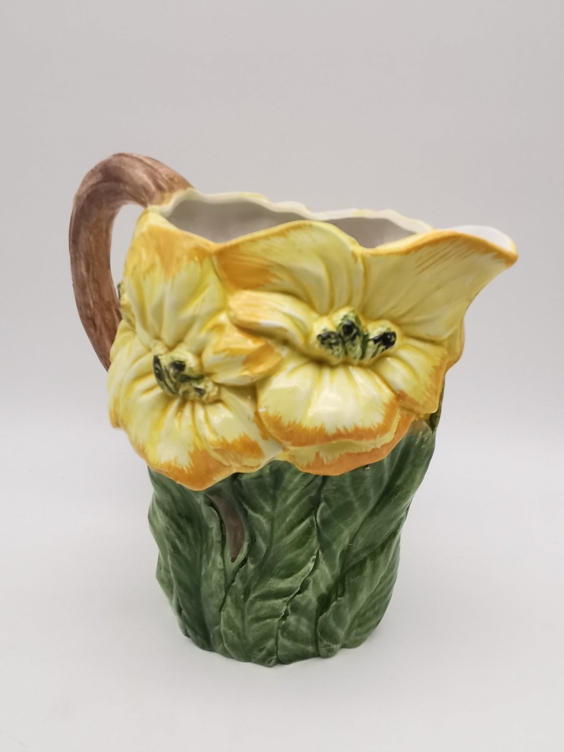 Italian Bassano Majolica 3D Yellow Floral Pitcher, handpainted
