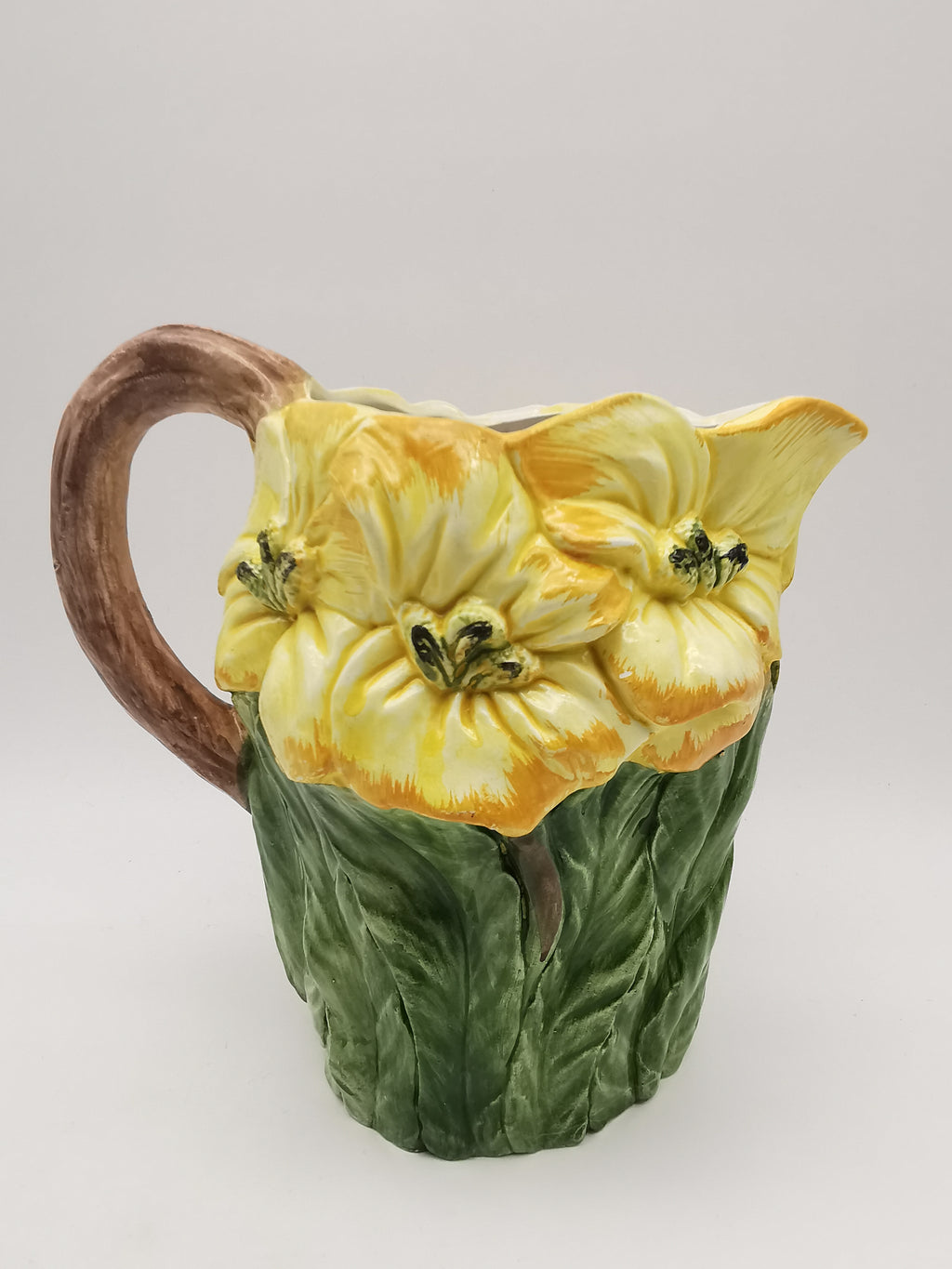 Italian Bassano Majolica 3D Yellow Floral Pitcher, handpainted