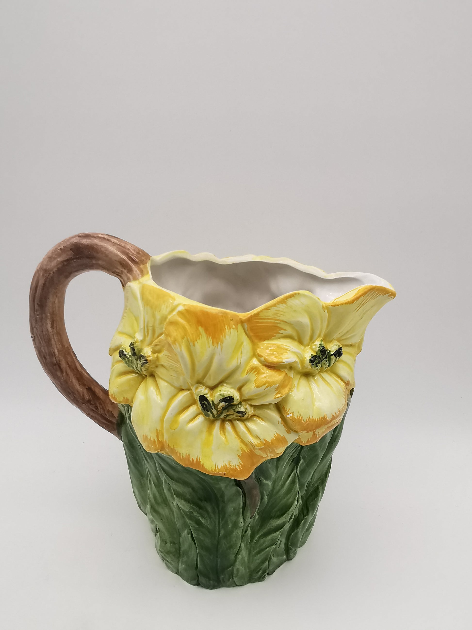 Italian Bassano Majolica 3D Yellow Floral Pitcher, handpainted
