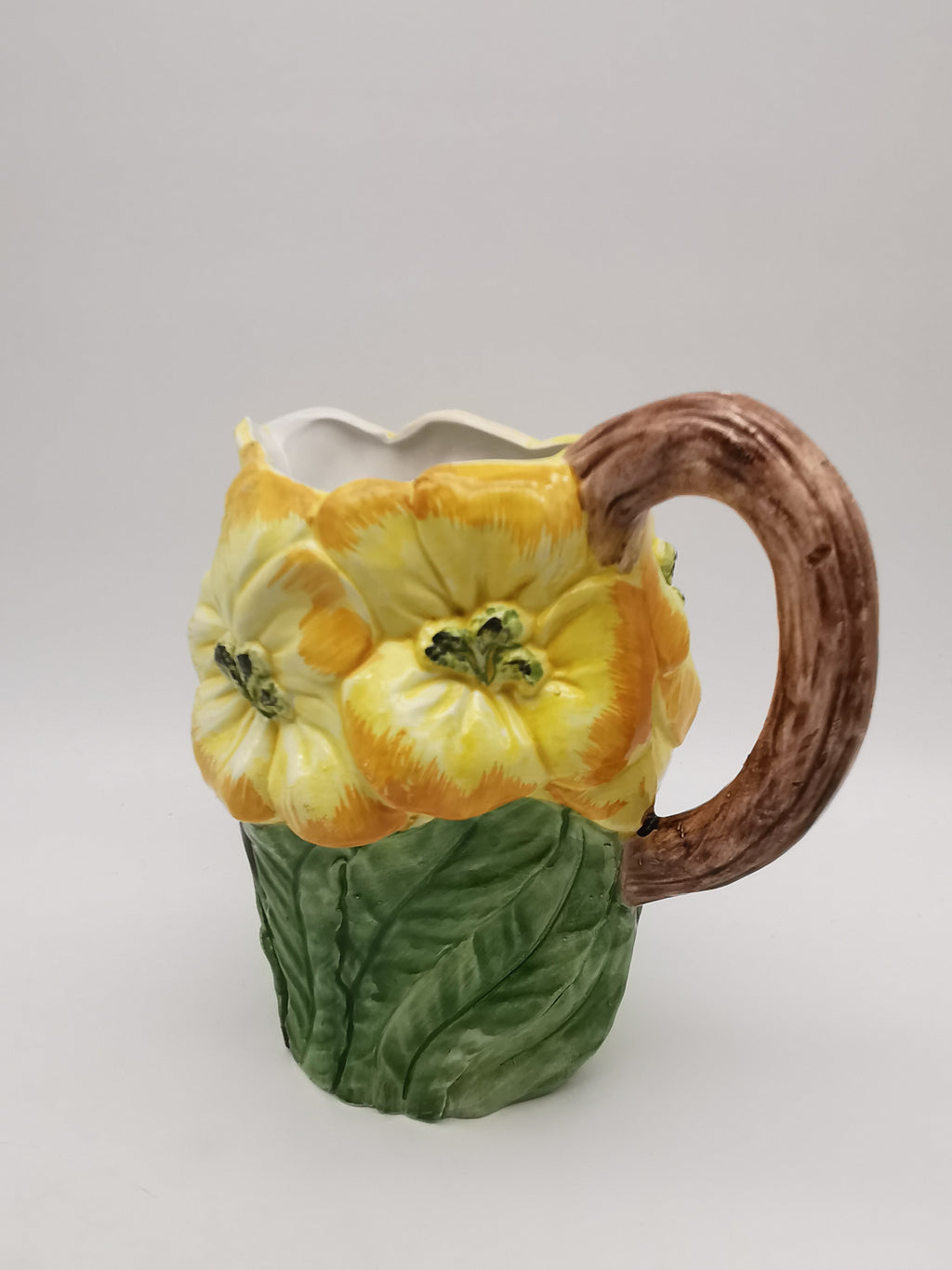 Italian Bassano Majolica 3D Yellow Floral Pitcher, handpainted