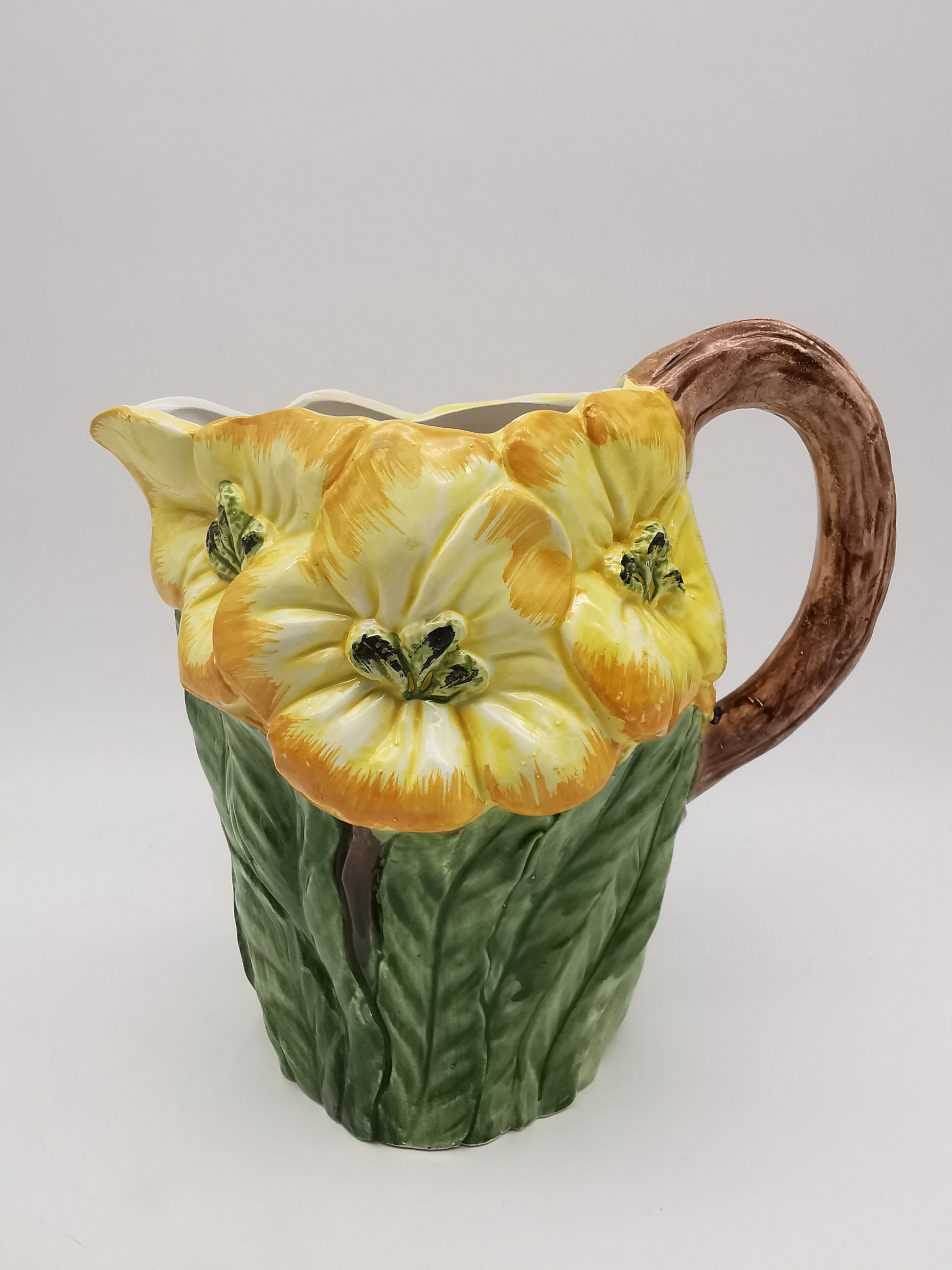 Italian Bassano Majolica 3D Yellow Floral Pitcher, handpainted