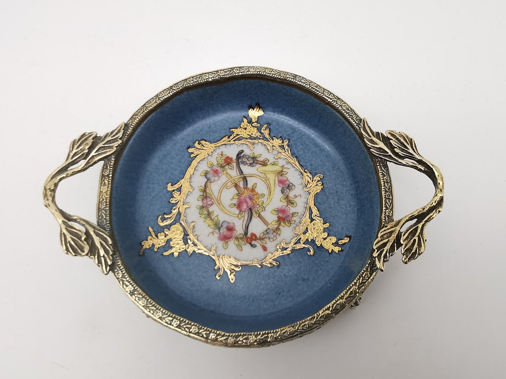 Vintage French Style Porcelain Bonbon Dish – Blue Crackle Glaze Mounted Footed Bowl