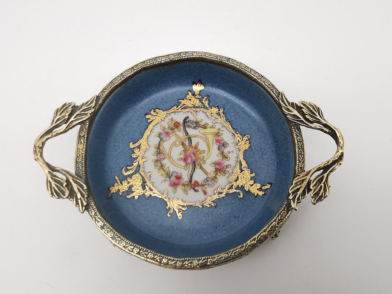 Vintage French Style Porcelain Bonbon Dish – Blue Crackle Glaze Mounted Footed Bowl