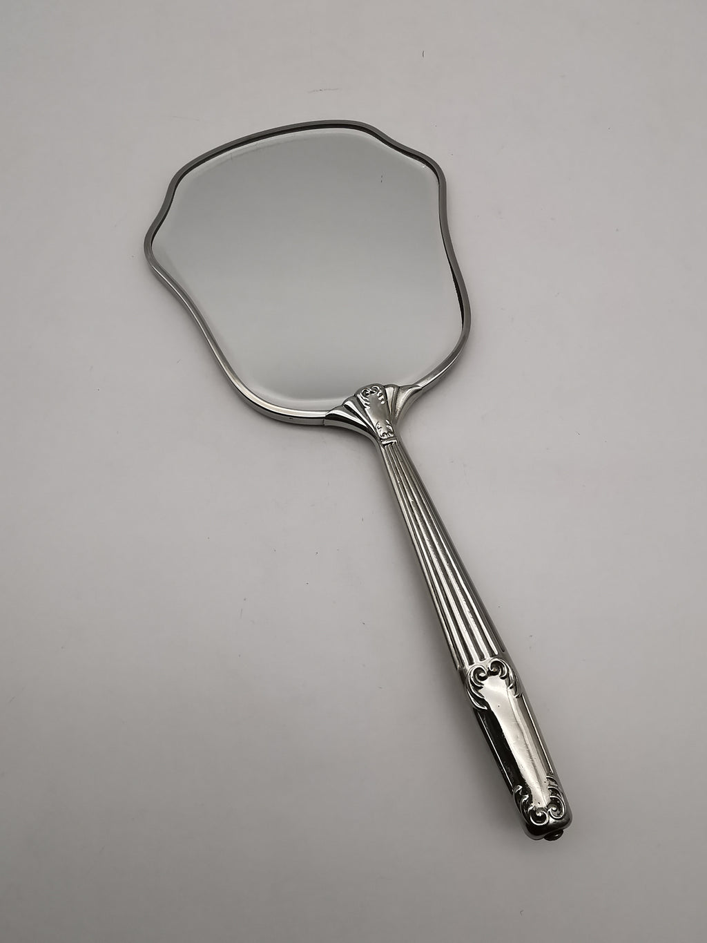 Vintage British Silver Plated Bevelled Hand Mirror – Art Deco Style Fluted Handle