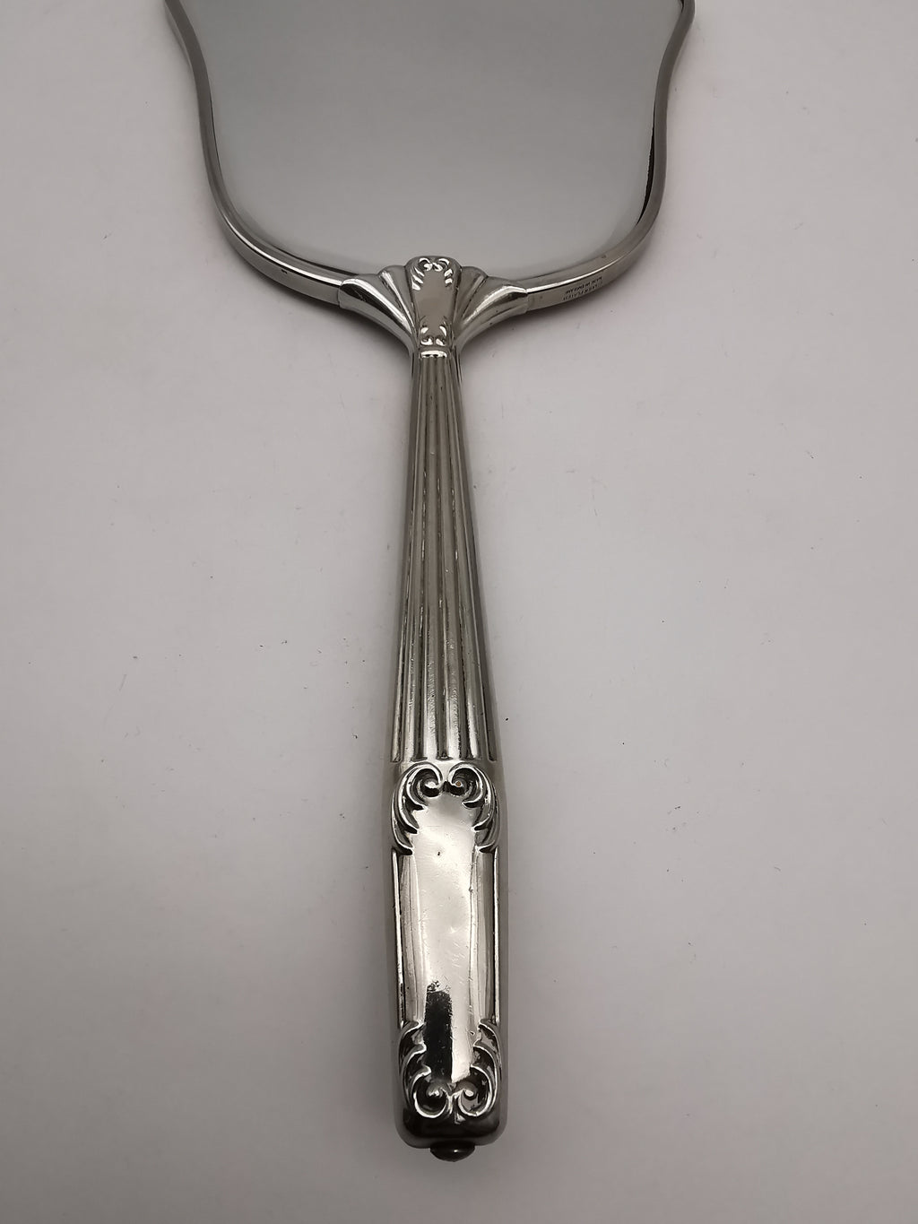Vintage British Silver Plated Bevelled Hand Mirror – Art Deco Style Fluted Handle
