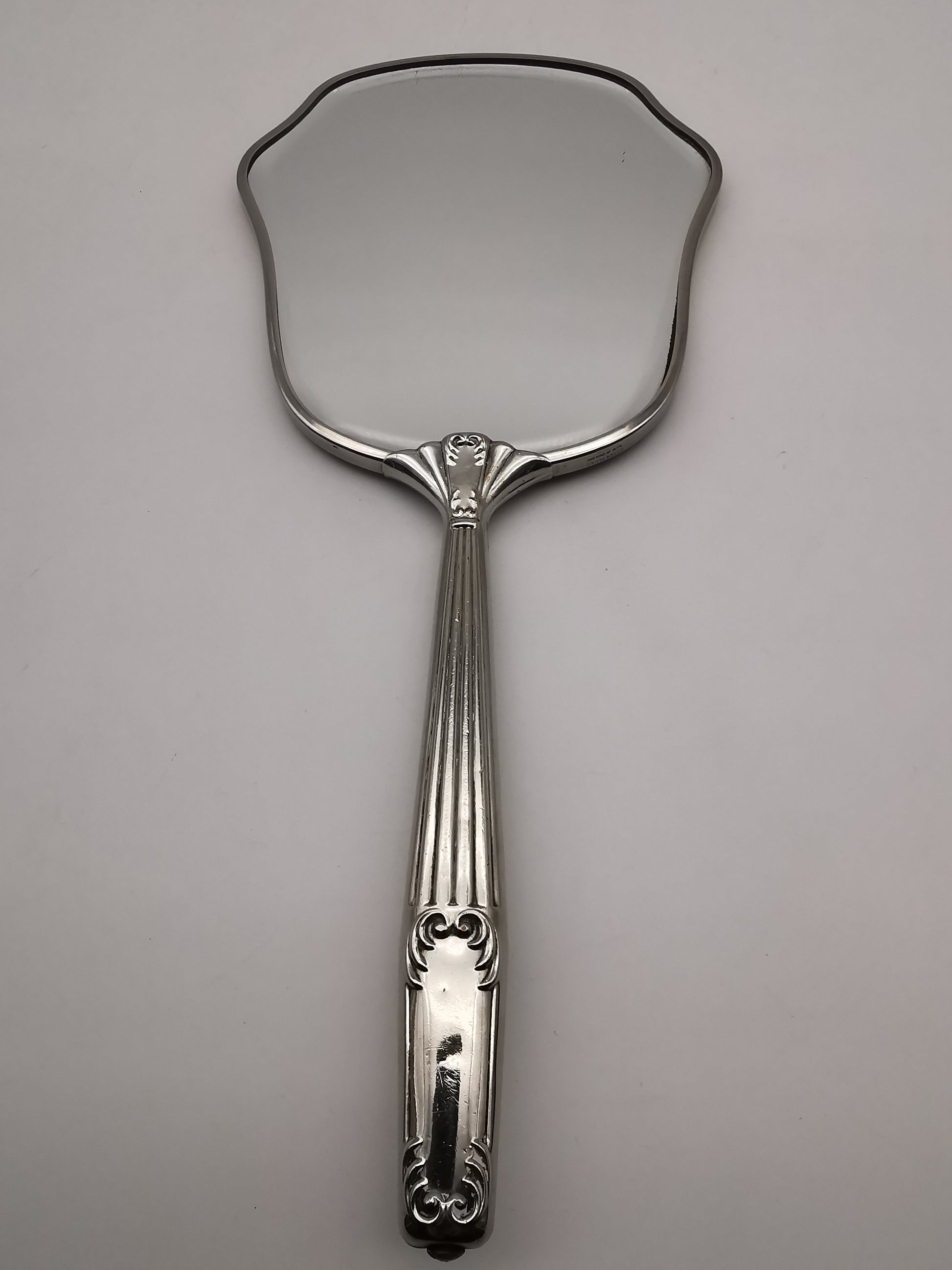 Vintage British Silver Plated Bevelled Hand Mirror – Art Deco Style Fluted Handle