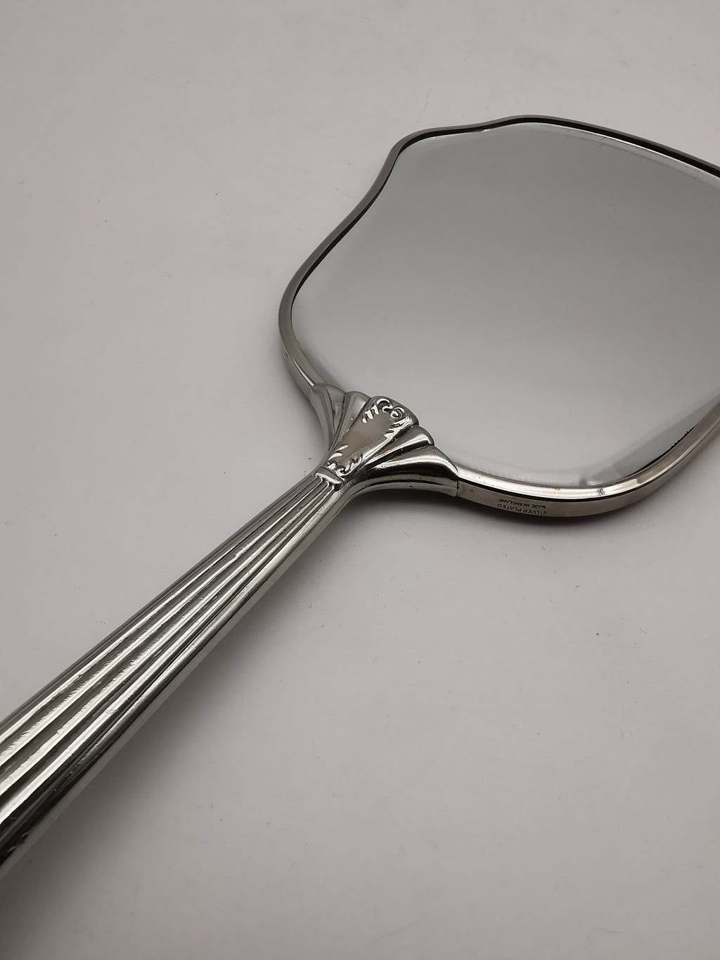 Vintage British Silver Plated Bevelled Hand Mirror – Art Deco Style Fluted Handle