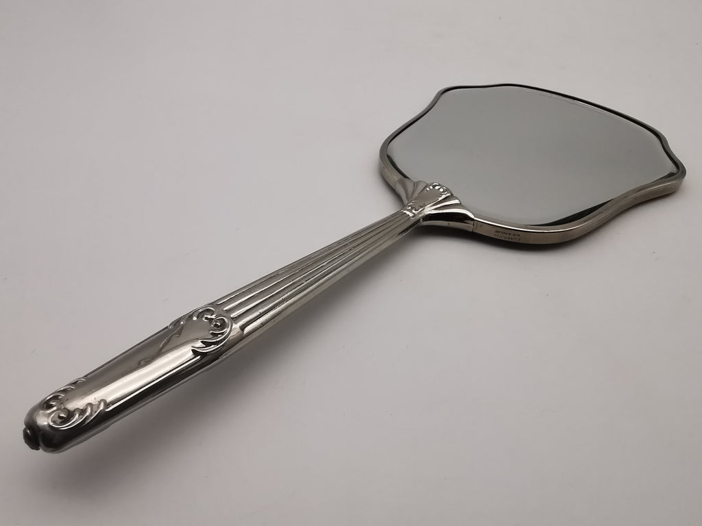 Vintage British Silver Plated Bevelled Hand Mirror – Art Deco Style Fluted Handle