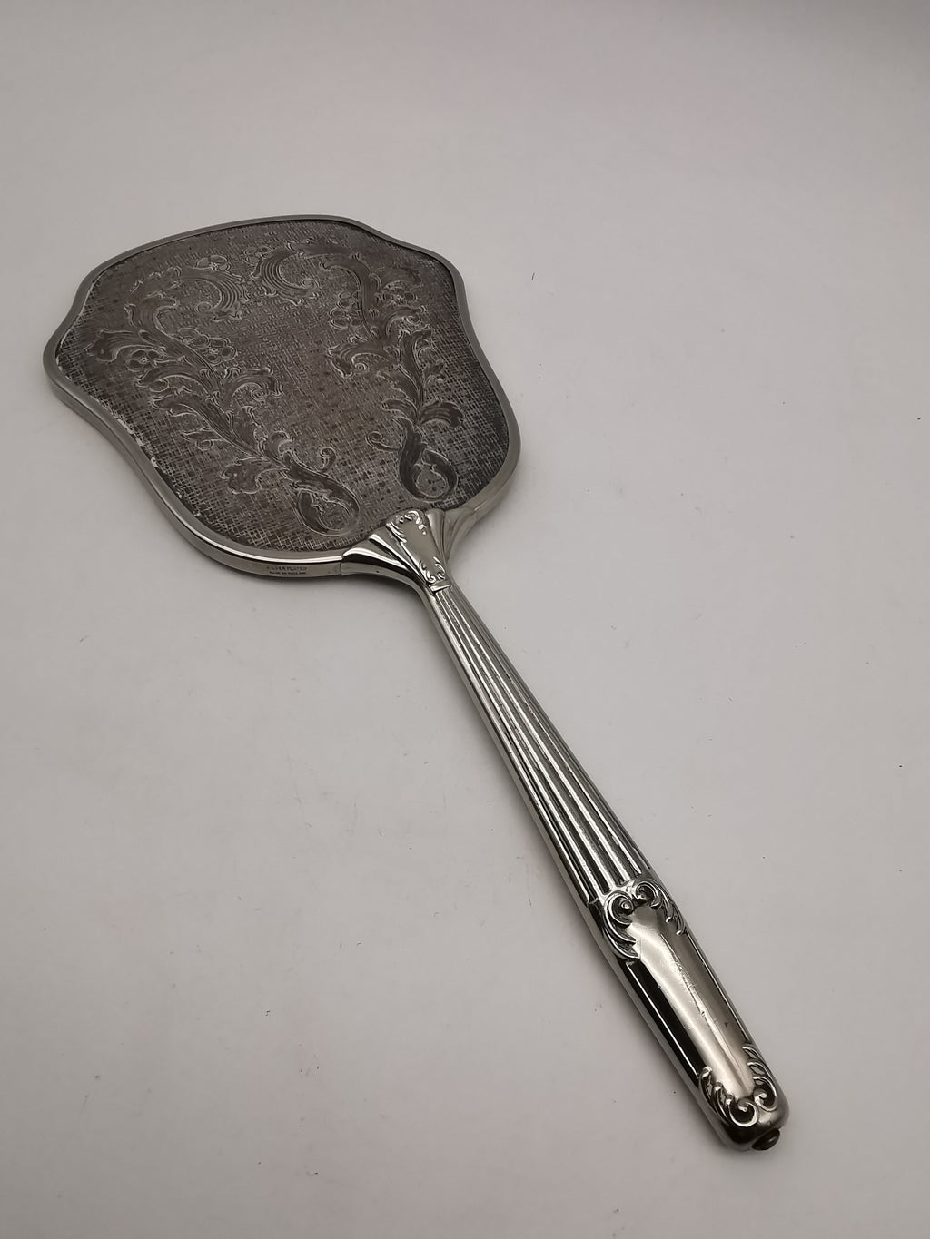Vintage British Silver Plated Bevelled Hand Mirror – Art Deco Style Fluted Handle